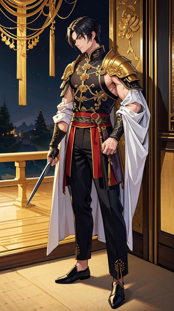 (best quality,highres),In a grand castle intricately detailed with Asian architectural elements,a male figure stands,long,jet-black hair,falls to his shoulders,dark hue of his pants and sleeves,armor,finely made sword,reflects the ambient light,on his shoulder,a case for