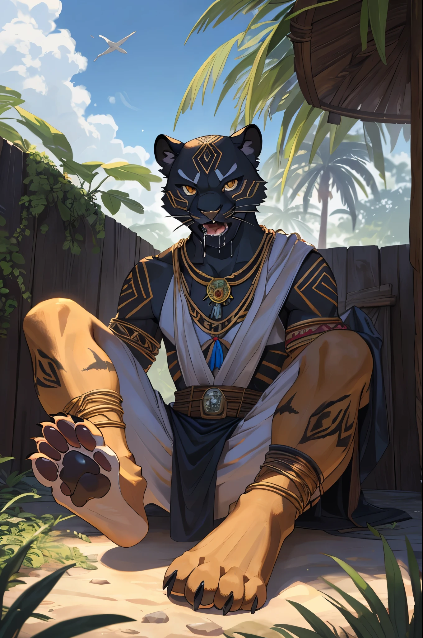 (((sfw))), (((Barefoot furry character, full body, cinematic setting, furry male, plantigrade))) Curare depicted as stealthy and agile ((black panther)) anthro with sleek black fur and piercing amber eyes. Clad in tribal-inspired attire with dart motifs symbolizing curare's traditional use in blow darts. The figure sitting barefoot in a dense rainforest setting, surrounded by vines and exotic plants like Strychnos toxifera, used in curare preparation by indigenous tribes. (((nice feet paws, soles with pawpads, one feet lifted))), BREAK, detailed background, 8K, (masterpiece:1.5), intricate details, highly detailed, extreme detail, octane render, fine art, best quality, highres, (detailed face:1.5), ((full_body)), UHD, (((perfect hands))), low light, (((green glow in eyes, open mouth, drooling, deeply hypnotised)))