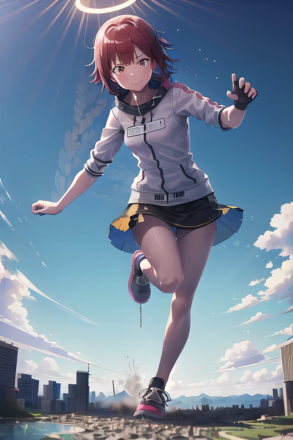 ((giantess)), 1 rapariga, ((Woman running with all her might), exusiai_arknights, Background with visible horizon, character standing on a island top next to continent, Super huge high school girl bigger than a continent, Pleasure, Long legs, Sweat, Falling sweat, giga giantess, blue sky, smile, fullbody, Destroyed City, Dust, Dust from the bottom of the shoes, Crumbling cities, Destroyed city, shoes, A very very small big city,