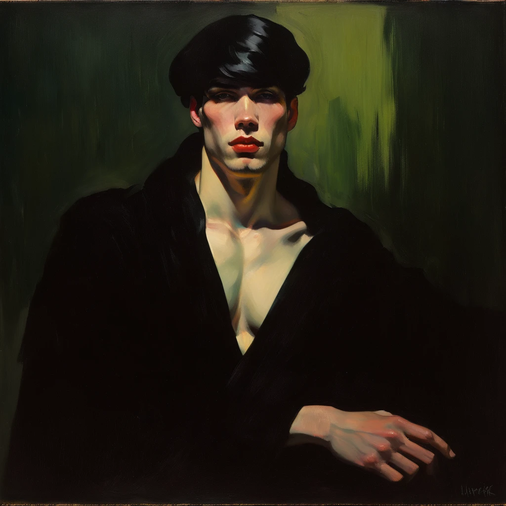 chiaroscuro technique on sensual illustration of an arafed man in white, sexy masculine, male model, by Malcom Liepke, model with attractive body, inspired by Ludovit Fulla, mid-shot of a hunky, the model draped in flowing, thick oil painting by Harumi Hironaka, extremely soft colors, vibrant, highly detailed, malcolm liepke painting, oil on canvas, high contrast, dramatic, refined, tonal, Create high contrast between light and shadow, oil on linen