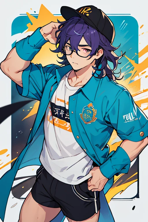 Hombre joven, cabello morado, ojos azules, gorra negra, camisa sin mangas, shorts, lentes de sol en la cabeza, Kawaii