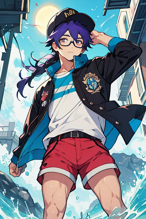 Hombre joven, cabello morado, ojos azules, gorra negra, camisa sin mangas, shorts, lentes de sol en la cabeza, Kawaii