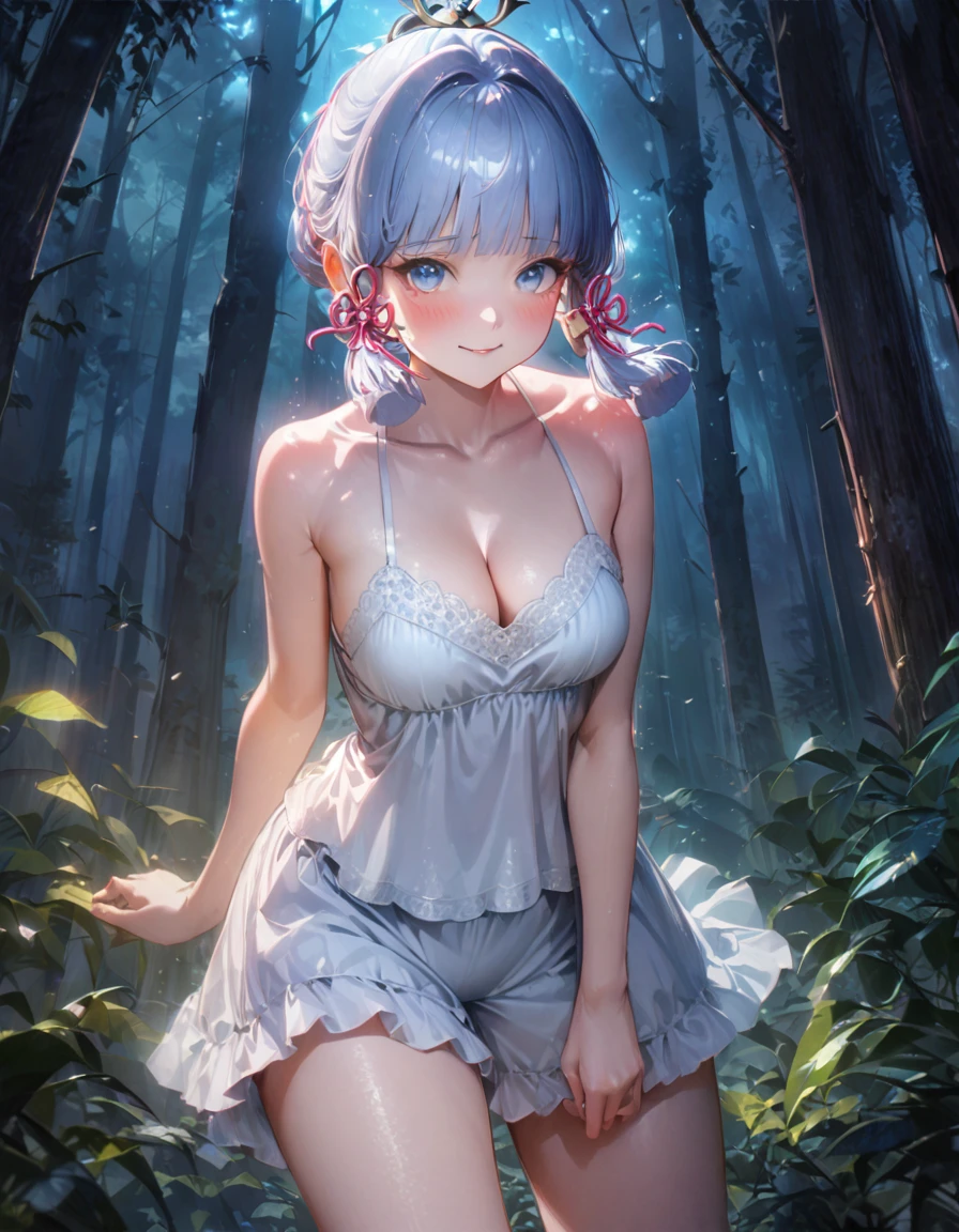 (SFW), ultra-detailed, best quality, illustration, detailed textures(realists), vivid colors, soft lighting, blushing, mature, no bras, hair fluttering, soft skin, beautiful, 4K, medium breasts, cleavage, kamisato_ayaka, solo, blush, bright eyes, standing, slim body, narrow waist, (from front:1.5), bare thigh, beautiful-detailed eyes, ((wearing beautiful white sleepwear, no sleeves sleepwear)), ((forest background, nighttime, dark forest with moonlight seeping through the canopy)), 