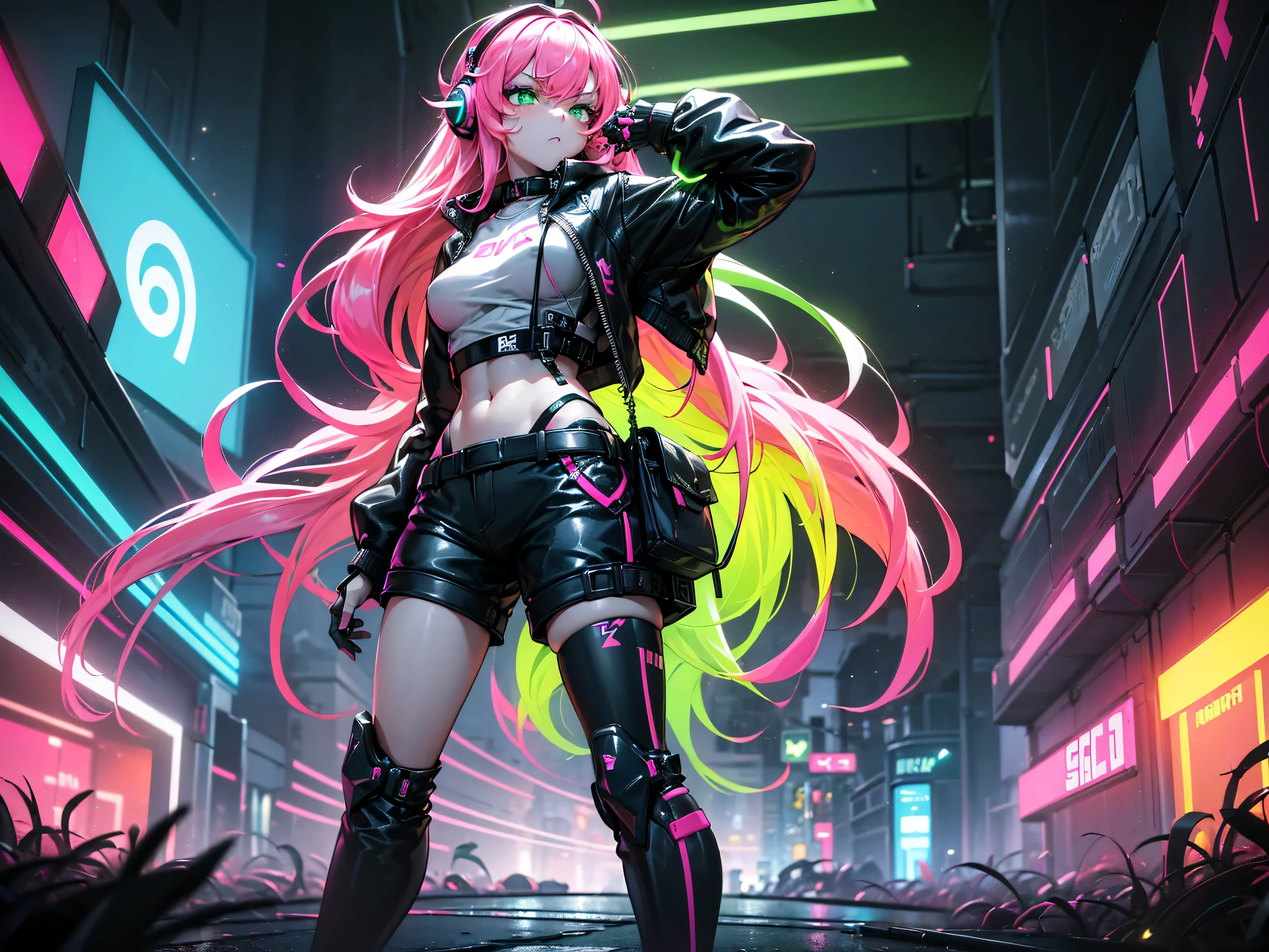 masterpiece:1.4, 1girl ((20year old, dressed in long sleeve shirt, tight black shorts, sneakers, medium breasts, multicolor pink hair, curly long hair, green eyes:1.4, Wearing headphones, badass, looking towards camera, in the middle of a sci-fi futuristic urban street alleyway, neon lights and towering skyscrapers, neon and energetic atmosphere)) ((solo:1.6)