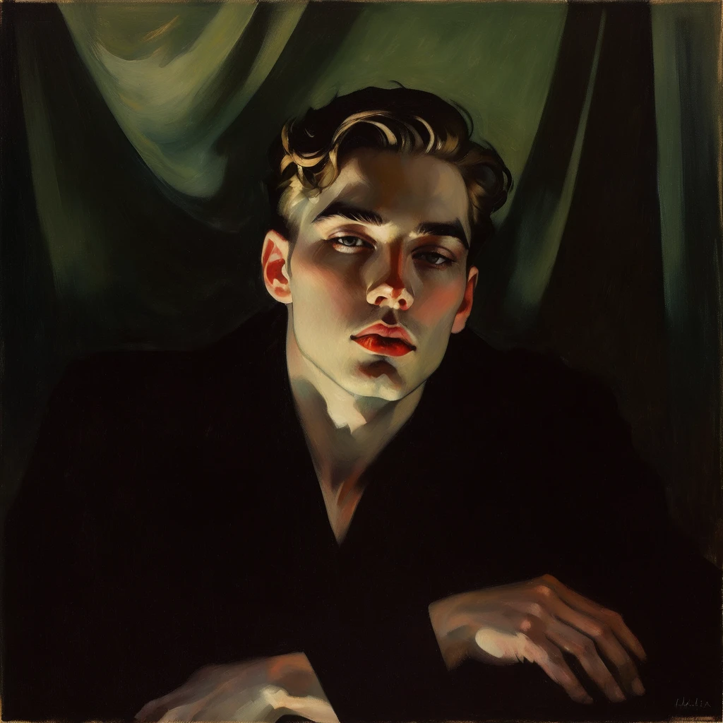 chiaroscuro technique on sensual illustration of an arafed man in white, sexy masculine, male model, by Malcom Liepke, model with attractive body, inspired by Ludovit Fulla, mid-shot of a hunky, the model draped in flowing, thick oil painting by Harumi Hironaka, extremely soft colors, vibrant, highly detailed, malcolm liepke painting, oil on canvas, high contrast, dramatic, refined, tonal, Create high contrast between light and shadow, oil on linen