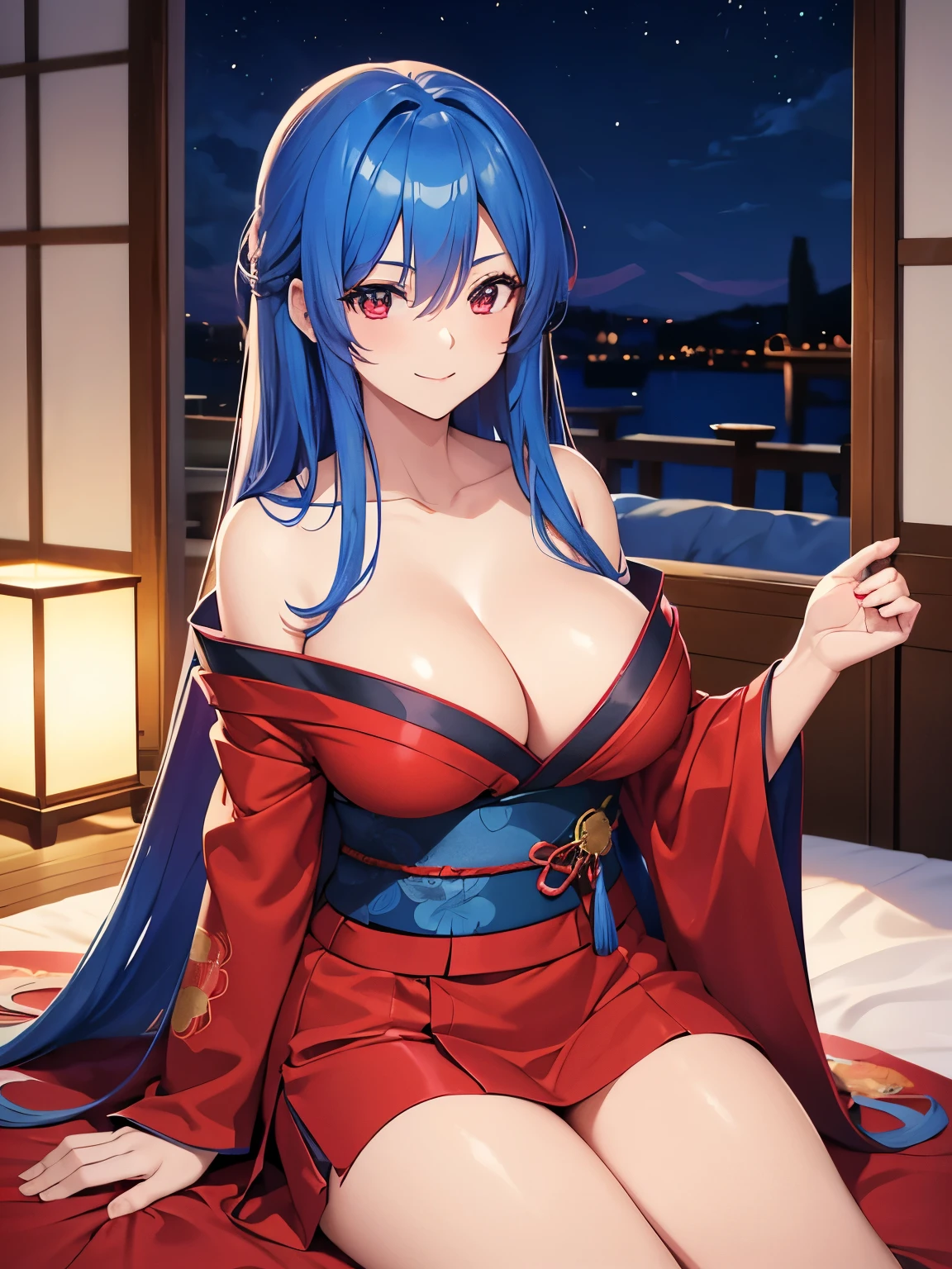1woman,super beautiful, adult,30 years old,Long hair,straight hair, bright blue hair, red eyes, red kimono, short kimono, big breasts, visible cleavage, Sitting on the bed, looking away,at night,smile,looking away,Facing right