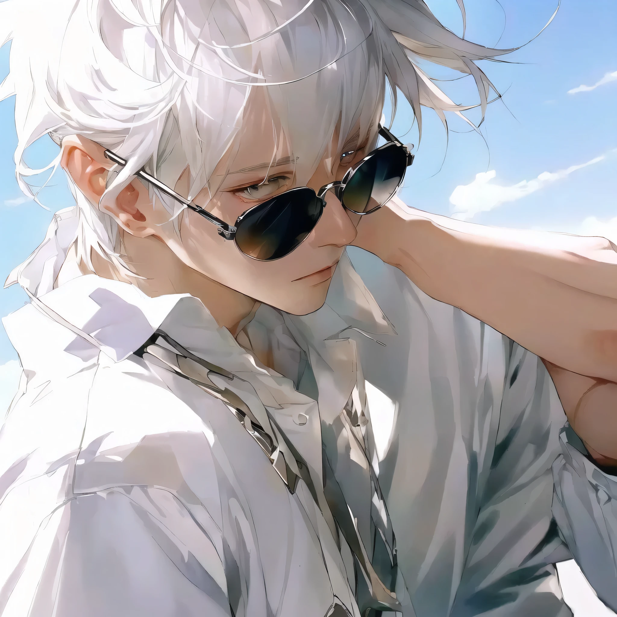 anime boy with white hair and sunglasses on a sunny day, artwork in the style of guweiz, white haired, guweiz, guweiz on pixiv artstation, handsome anime pose, messy wavy white hair, guweiz on artstation pixiv, anime boy, 4k anime wallpaper, detailed anime character art, white-haired