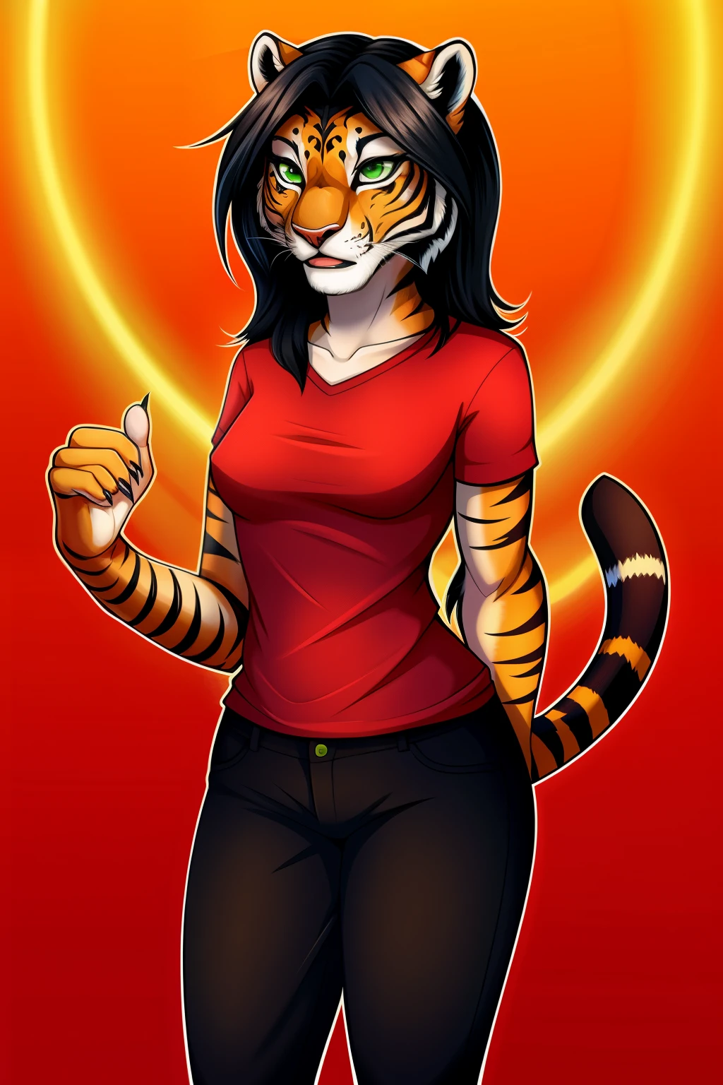 1 girl, solo, hypnotized, tigress anthro, black hair, green eyes, red shirt, black pants,