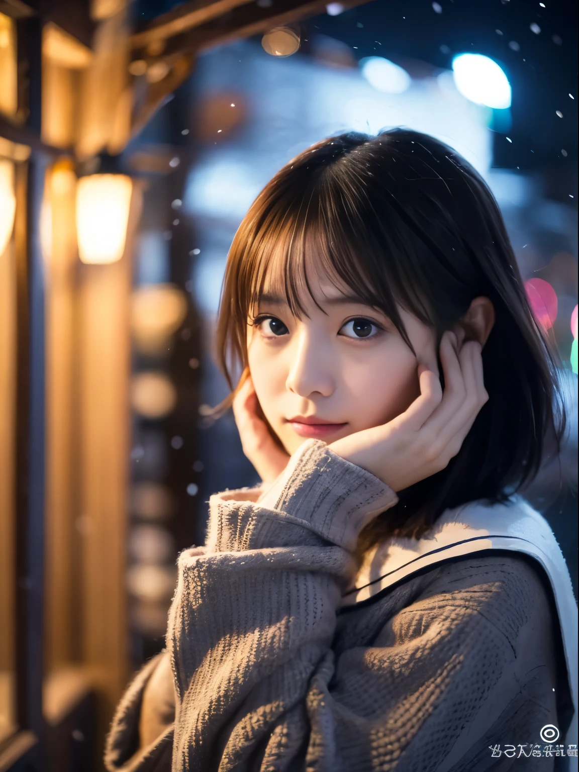 While watching the snow falling quietly. Her introspective and tearful expression、Makes you feel longing for winter nights and melancholy。。。。。、top-quality、hyper HD、Yoshitomo Nara, Japanese Models, Beautiful Japan wife, With short hair, 27-year-old female model, 4 k ], 4K], 27yo, sakimichan, sakimichan