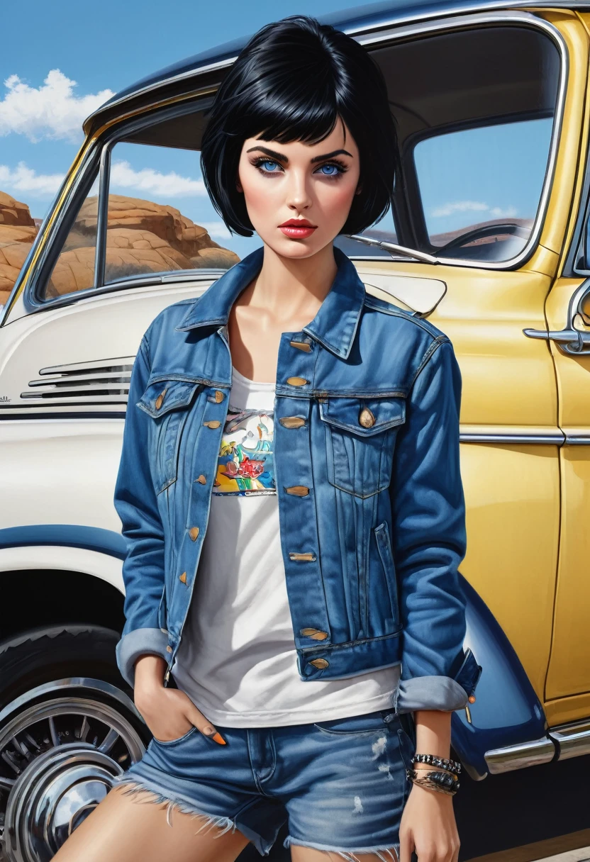 (best quality,4k,highres,masterpiece:1.2),ultra-detailed,(realistic,photorealistic,photo-realistic:1.37),portrait,young woman,short black hair,blue eyes,detailed eyes,long eyelashes,serious expression,denim jacket,white rock band print t-shirt,holding a gun in her left hand,standing near a car,edgy pop art,hyper-detailed,enhanced details,high quality,realistic style.