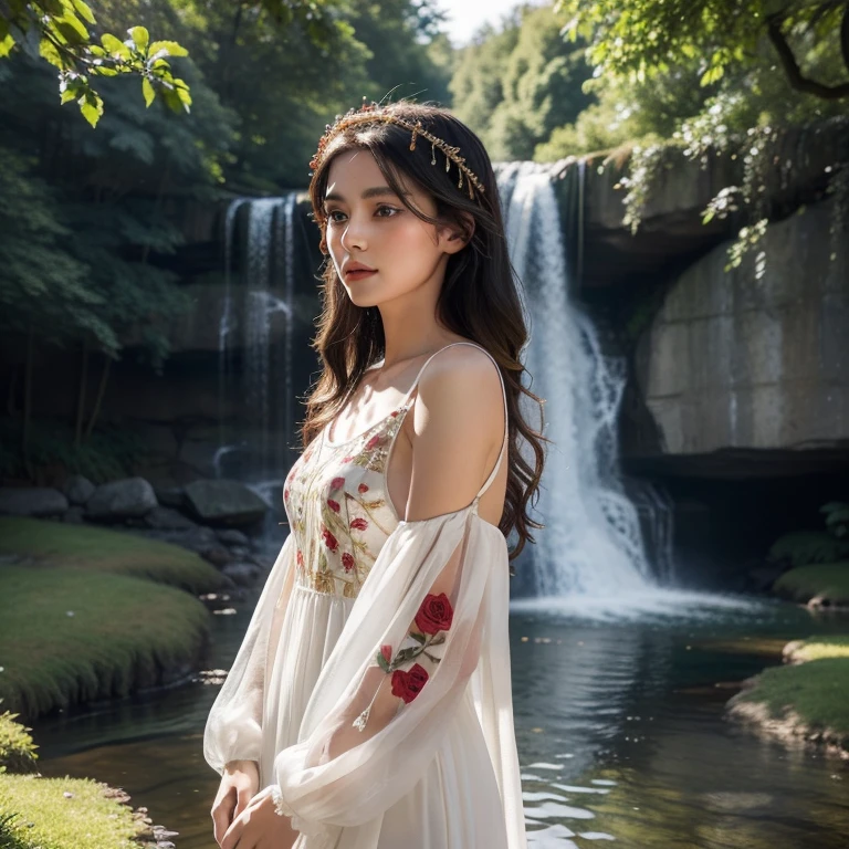 Nestled in the heart of a quaint German Kurpark zu Bad Nauheim, before a captivating waterfall cascading over dark-grey stones and smooth rocks, stands an exquisite fashion model. Her long, wavy black hair, adorned with yellow streaks, flows gracefully in the gentle breeze. She wears a stunning, knee-length white overall dress, intricately embroidered with delicate red birds and flowers, adding an ethereal touch to her ensemble.
The model's makeup is minimal yet effective, enhancing her natural beauty. She dons silver and golden jewelry, a colorful flower headband adorned with small red roses nestled