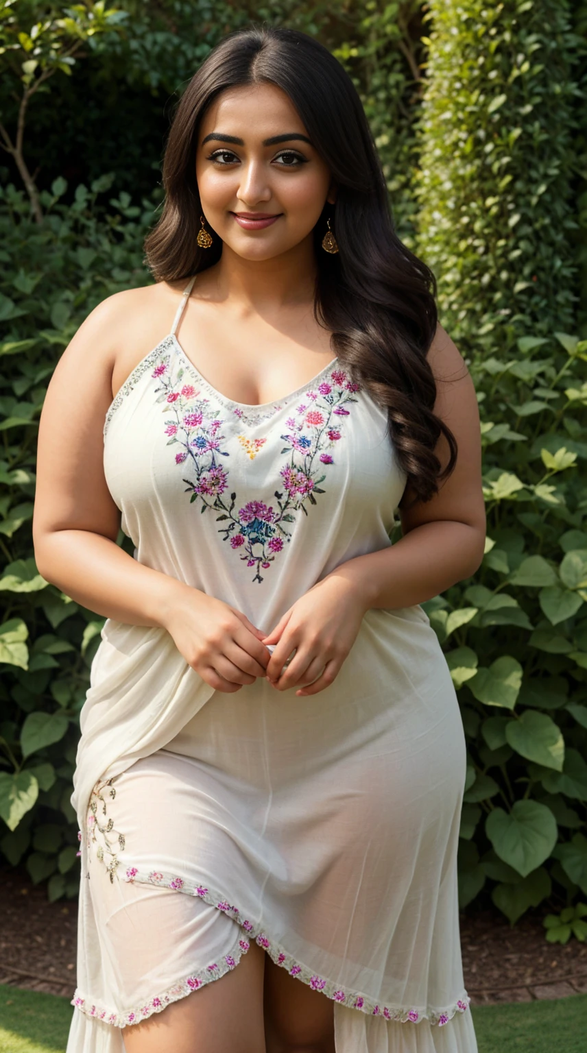 monali thakur Indian beautiful actress curvy plus size hour glass bulky figure woman, closeup camera view, wearingROMWE Hippie Hippie Totem Embroidered Double-Layered Hem Halter Neck Women Tank Top, different style hairstyle, bright eyes, thin eyebrows, fair skin, blushing cheeks, prefect head to toe view, full body view, English Garden: A manicured garden with hedges, flowers, and classic English charm. smile face, black hair, Indian face, perfect skin tone light, ultra realistic skin texture