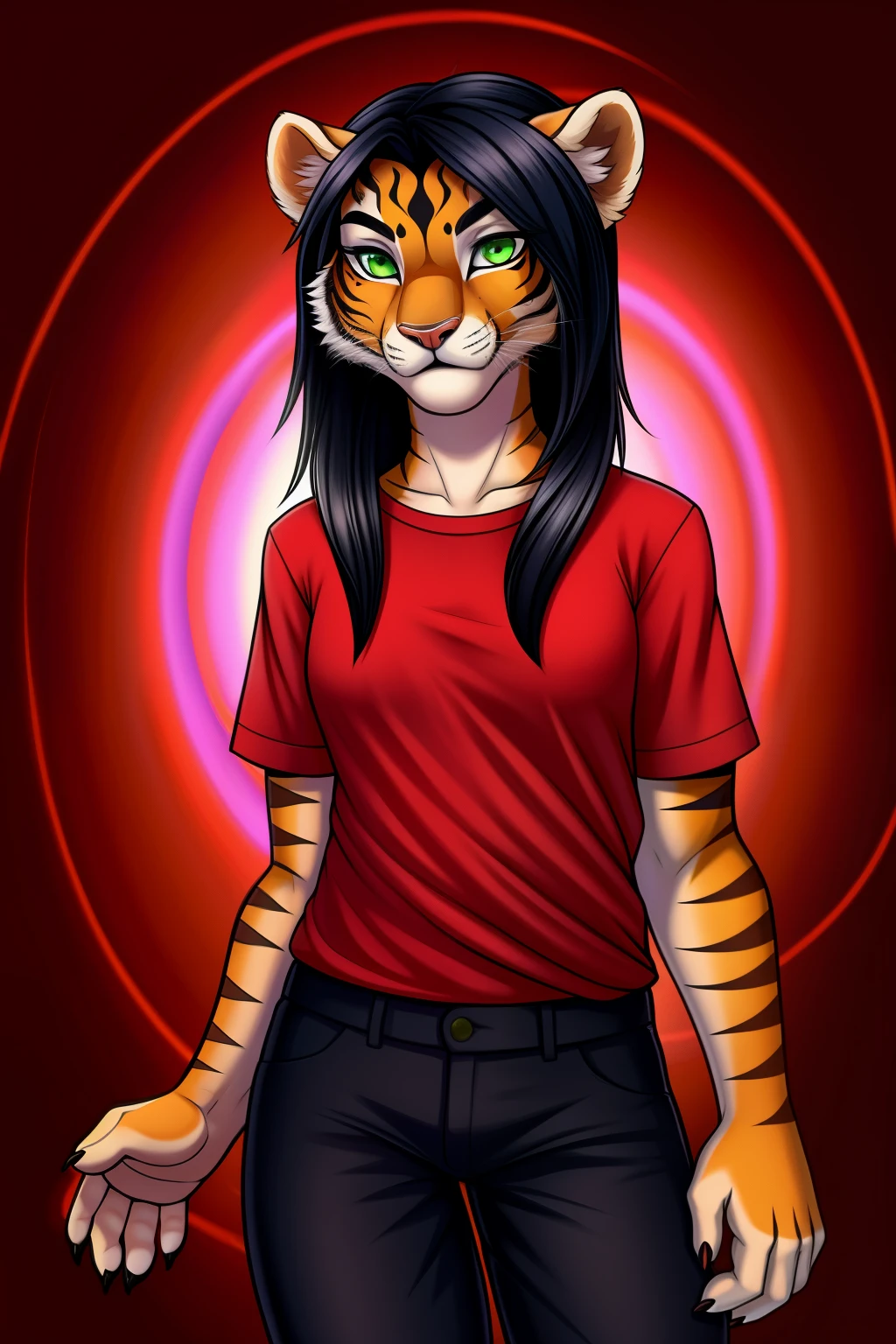 1 girl, solo, hypnotized, tigress anthro, black hair, green eyes, red shirt, black pants,