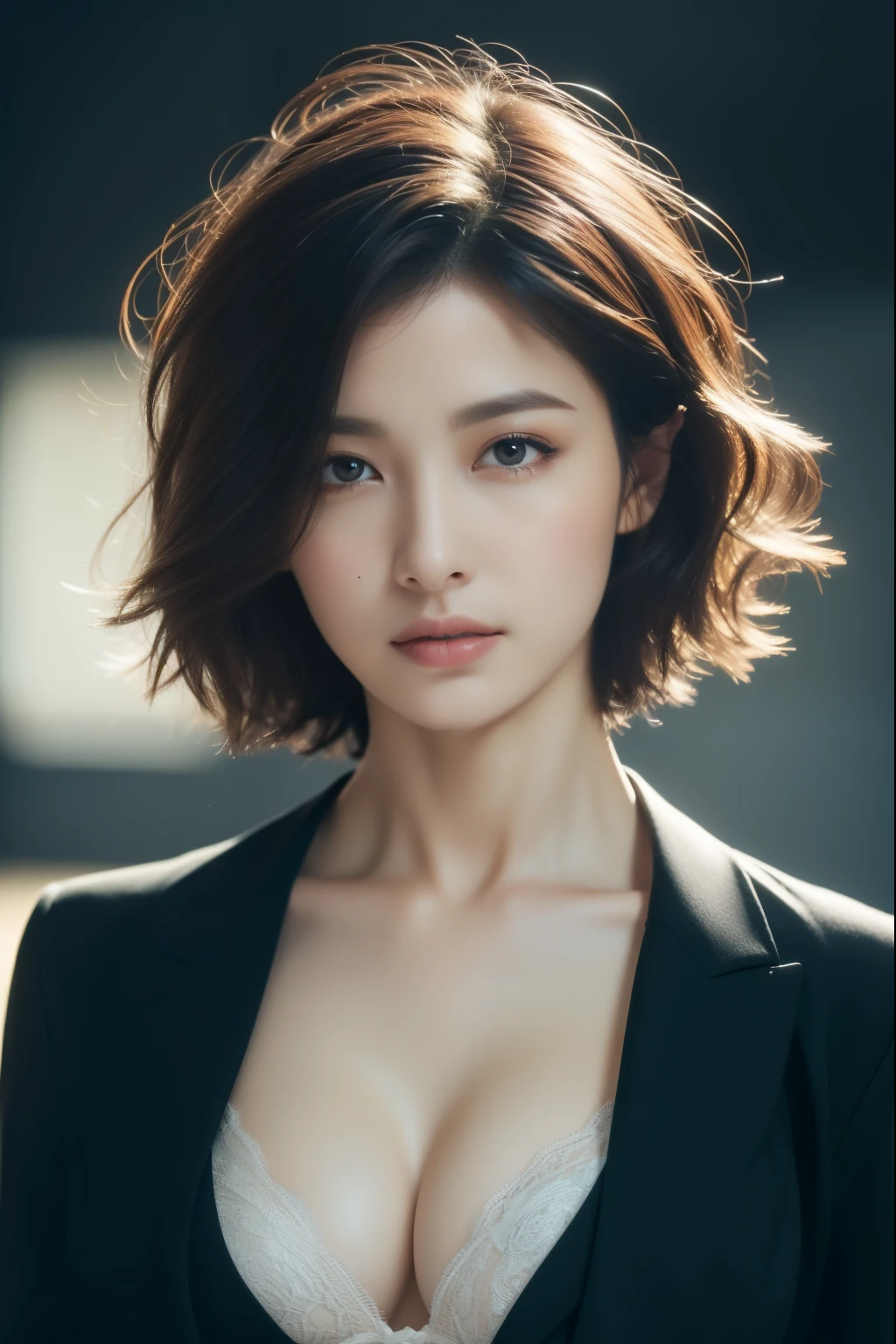 Random pose, Mix 4, (8k, original photo, best quality, masterpiece: 1.45), (actual, lifelike: 1.37), One girl, Lovely, city View, professional lighting, photon mapping, Radiosity, Physically based rendering, gradient black hair, short curly hair, Handsome, girl, high quality photos, high resolution, 1080P, (clear face), (detailed facial description), (Detailed description of the hand), (masterpiece), (Exquisite CG), Extreme light and shadow, messy hair, masterpiece, Rich in details, (Exquisite facial features), (best quality photos), (masterpiece), (beautiful eyes),Thin clavicle, blazer and bra, ((long shot, body))