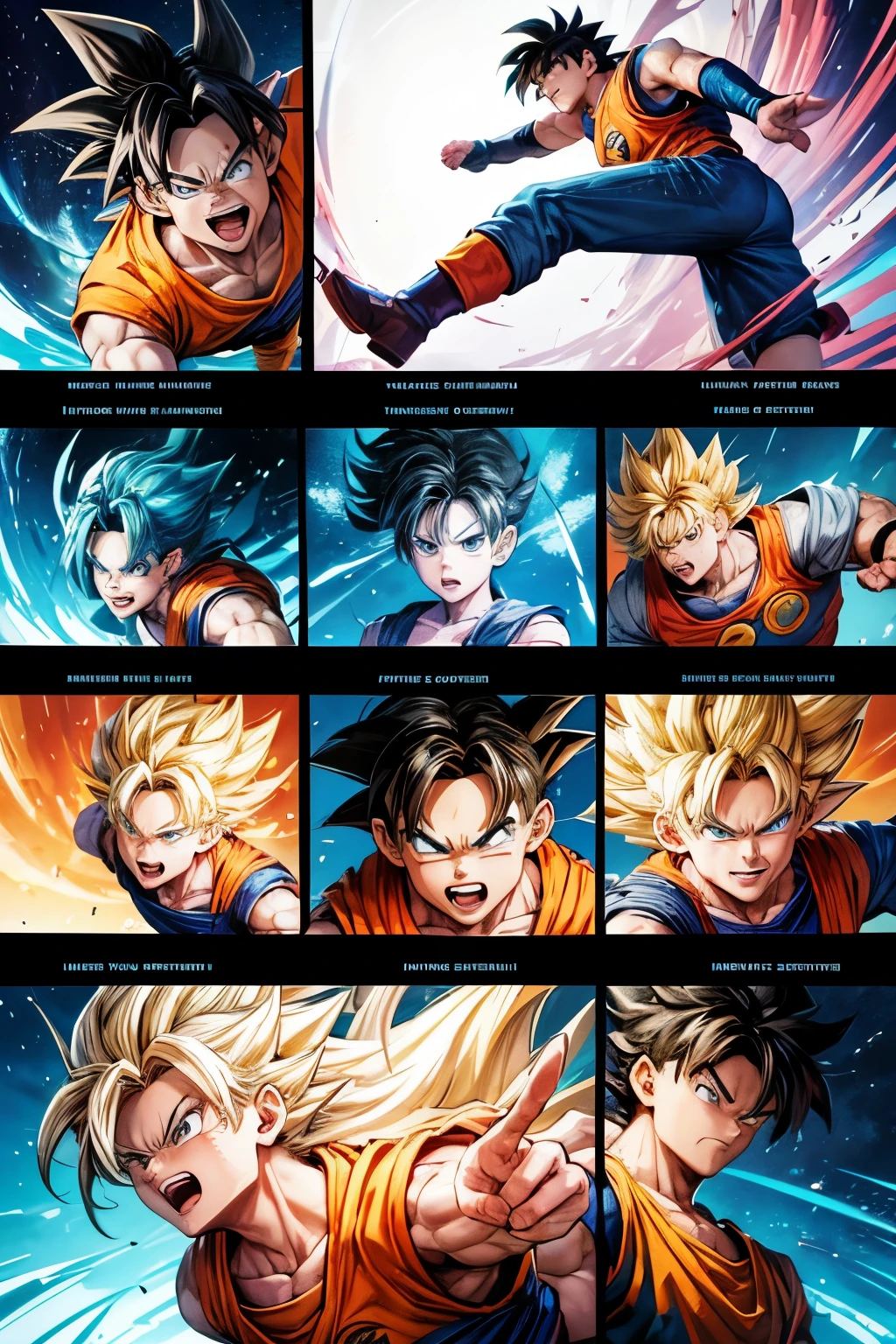 Depicting the cartoon Dragon Ball Goku and Dar comic series in a vibrant and creative irregularly tilted comic grid. Each grid contains an independent storyline, starting in the upper left corner and ending in the lower right corner. Grids sometimes overlap or are placed diagonally to add visual tension. At certain key plot points, characters will jump out of the screen to enhance the dynamic feel of the story. For example, the protagonist might jump from grid to grid while escaping, or during a battle scene, the action might extend beyond the boundaries of the grid. The background and situation of each grid gradually changes according to the development of the story, from city chase to secret base infiltration, and finally leads to the climax. The overall style is vivid, with bright colors and rich expressions and movements. Leave the dialogue blank to be filled in later and let the audience imagine what the conversation would be like.