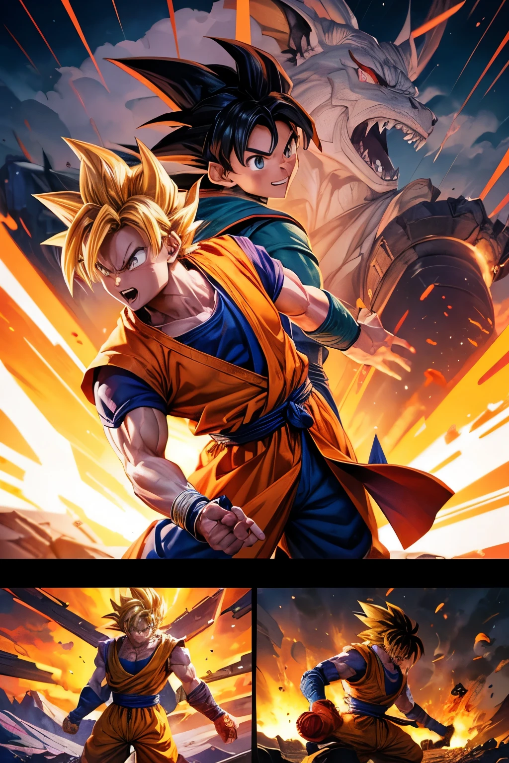 Depicting the cartoon Dragon Ball Goku and Dar comic series in a vibrant and creative irregularly tilted comic grid. Each grid contains an independent storyline, starting in the upper left corner and ending in the lower right corner. Grids sometimes overlap or are placed diagonally to add visual tension. At certain key plot points, characters will jump out of the screen to enhance the dynamic feel of the story. For example, the protagonist might jump from grid to grid while escaping, or during a battle scene, the action might extend beyond the boundaries of the grid. The background and situation of each grid gradually changes according to the development of the story, from city chase to secret base infiltration, and finally leads to the climax. The overall style is vivid, with bright colors and rich expressions and movements. Leave the dialogue blank to be filled in later and let the audience imagine what the conversation would be like.