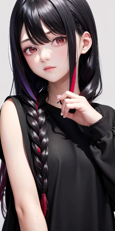 best quality, masterpiece,black hair, red eyes, purple clothes, looking side, upper body,hair strand,Fair skin,side braids