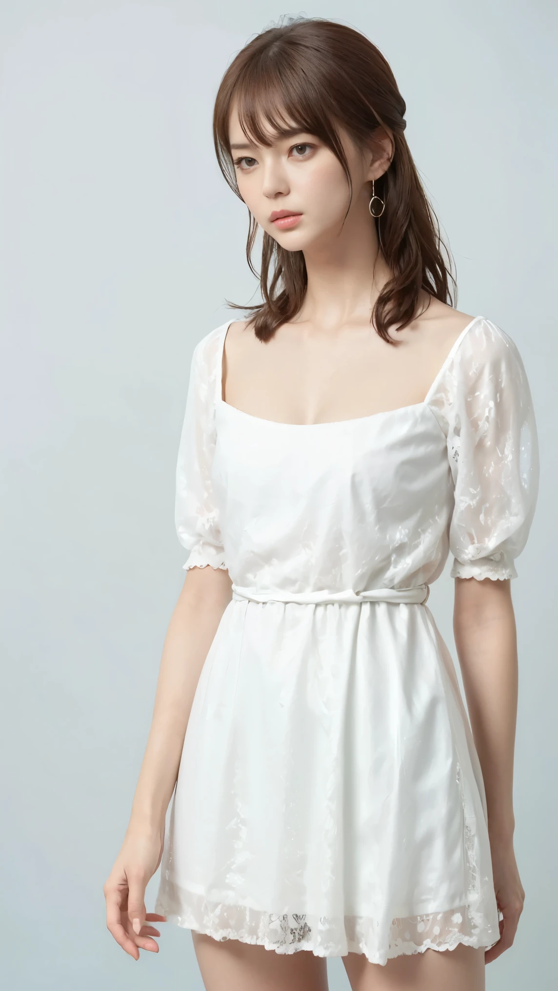 highest quality,masterpiece,Ultra-high resolution,(Actual:1.4),Original photo,Ultra-high resolution,8k,There are women,Fair skin、Sheer white lace mini dress,High heels,Long legs:1.5,Bright and beautiful,high waist,Flashy makeup using red eyeshadow,Gray background,