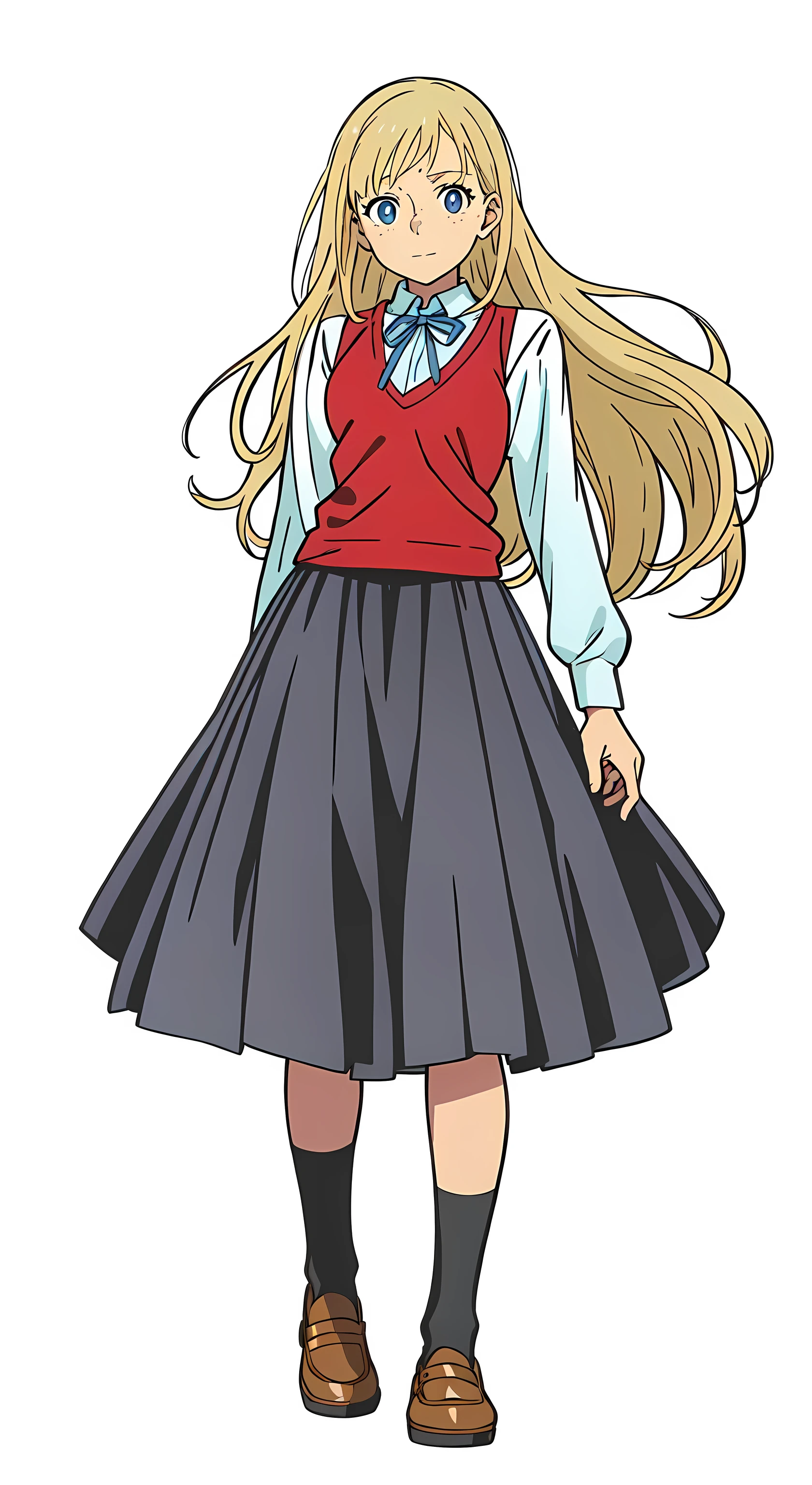 (best quality:1.0), (masterpiece:1.0), (super fine illustration:1.0), (beautiful artwork:1.0), (anime screencap:1.0), (official art:1.0), (european:1.0), (cheerful:1.0), (white background:1.0), (best quality:1.0), (masterpiece:1.0), (super fine illustration:1.0), (beautiful artwork:1.0), (anime screencap:1.0), (official art:1.0), (solo:1.0), (european:1.0), (a 18yo cute girl:1.0), (long skirt:1.0), (black skirt:1.0), (pleated skirt:1.0), (red knit vest:1.0), (white long sleeve collared shirt:1.0), (blue neck ribbon:1.0), (loafers:1.0), (black socks:1.0), (ideal ratio body proportions:1.0), (lanky:1.0), (tall:1.0), (slender:1.0), (small breasts:1.0), (smaller face:1.0), (tareme:1.0), (freckles:1.0), (detailed beautiful eyes:1.0), (detailed beautiful face:1.0), (glowing blue eyes:1.0), (long hair:1.0), (swept bangs:1.0), (blonde hair:1.0), (standing:1.0), (looking at viewer:1.0)