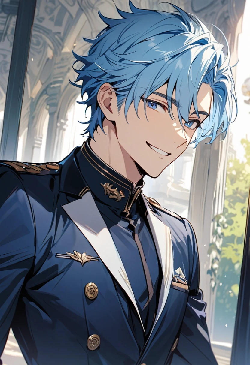 Handsome, solo, 1 male, light blue hair, dark blue eyes, 1 man, smiling, wearing uniform suit, handsome man 