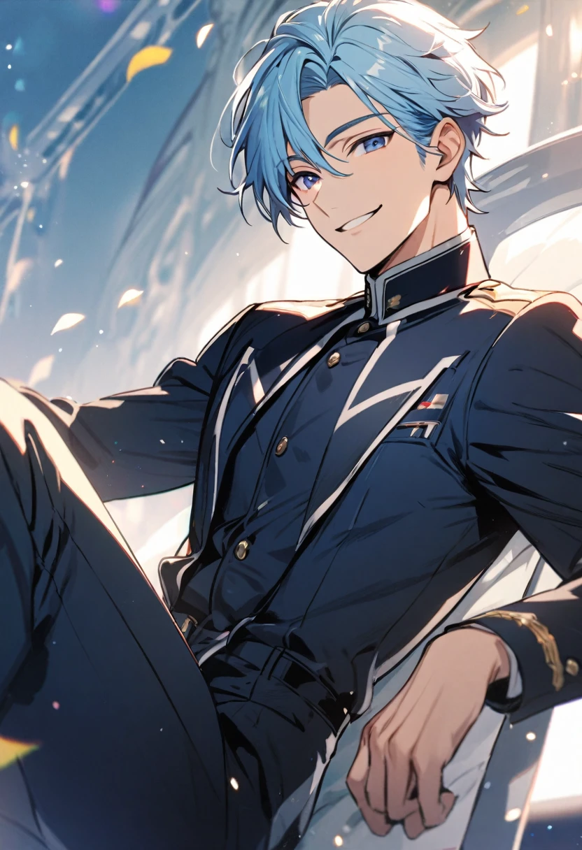 Handsome, solo, 1 male, light blue hair, dark blue eyes, 1 man, smiling, wearing uniform suit, handsome man