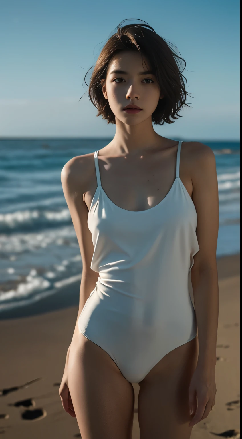 Best quality, masterpiece, ultra high res, (photorealistic:1.5), raw photo, 1girl, beach, deep shadow, low key, cold light, sexy look, short hair, swimsuit