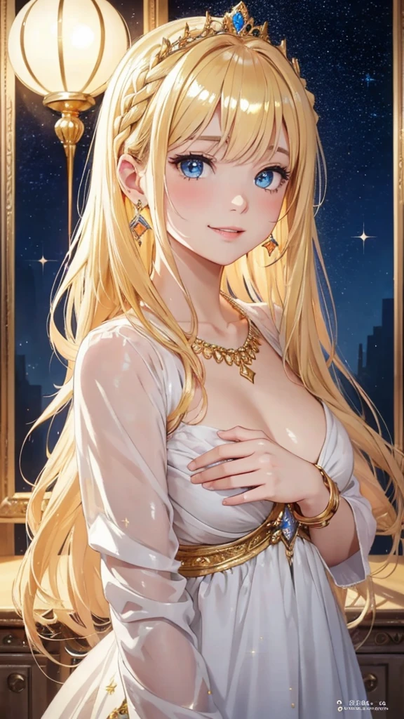 Browsing Caution,masterpiece、highest quality、High resolution、High-quality images、8k, 1 female、Skin luster、Skin Texture、Expression of fine eyes、(Shiny bright golden hair:1.8),Girl with long braided hair, realism, detailed manga style, Manga art style, Perfect Line Drawing, Beautiful line art, digital manga art girl, Beautiful light blue eyes, clear, Beautiful Eyes、Fuller lips, Gorgeous face with attention to detail, (cute smile), charm, Front view, (Perfectly detailed face), (Beautiful Hands) 、Photorealistic images, Written boundary depth, Princess hairstyle, Princess、Corolla on the head , Look forward , Night Sky , Night view ,Beautiful starry sky , Romanticism、(All Nude:1.5)、(Medium chest:1.5)、smile、blush、Princess Tiara、Fluffy blonde、Gorgeous blue sparkling earrings、Gorgeous gold bracelet、Gorgeous gold anklet、Gorgeous gold nipple rings、Palace balcony、Nadia: Blue Water Secret Necklace、(oblong face:1.5)、(Sparkling glitter:1.2)、Cover your forehead with bangs、Bangs between the eyes、(whole body:1.0)、(Are standing:1.3)、(Portraiture:1.6)、from below