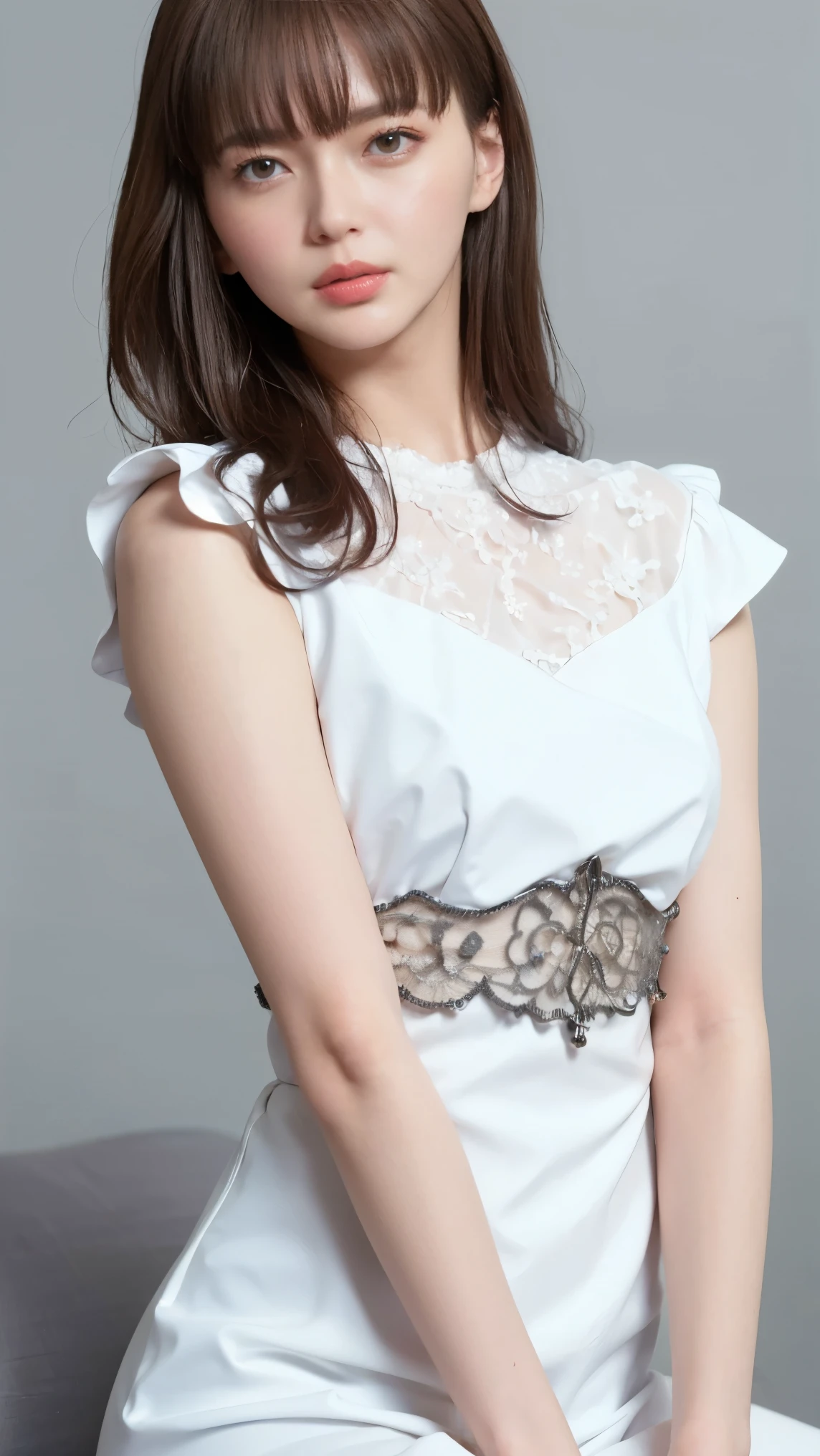 highest quality,masterpiece,Ultra-high resolution,(Actual:1.4),Original photo,Ultra-high resolution，8k，There are women，Fair skin、Sheer white lace mini dress，High heels，Long legs:1.5，Bright and beautiful，high waist，Flashy makeup using red eyeshadow，Gray background，