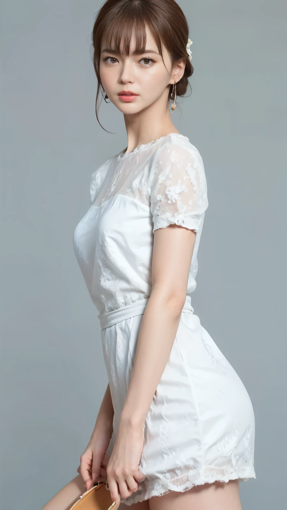 highest quality,masterpiece,Ultra-high resolution,(Actual:1.4),Original photo,Ultra-high resolution,8k,There are women,Fair skin、Sheer white lace mini dress,High heels,Long legs:1.5,Bright and beautiful,high waist,Flashy makeup using red eyeshadow,Gray background,