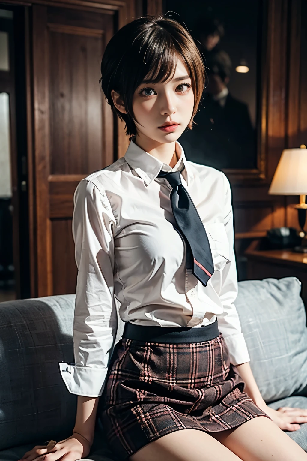 niijima makoto from persona 5, white blouse, red checkered cloth skirt, short hair, sitting on a sofa in the attic, tight fitting unbuttoned shirt, medium breasts, intelligent look, student president, shy blush expression, full body, ironed creasless shirt, brown eyes, no neck tie