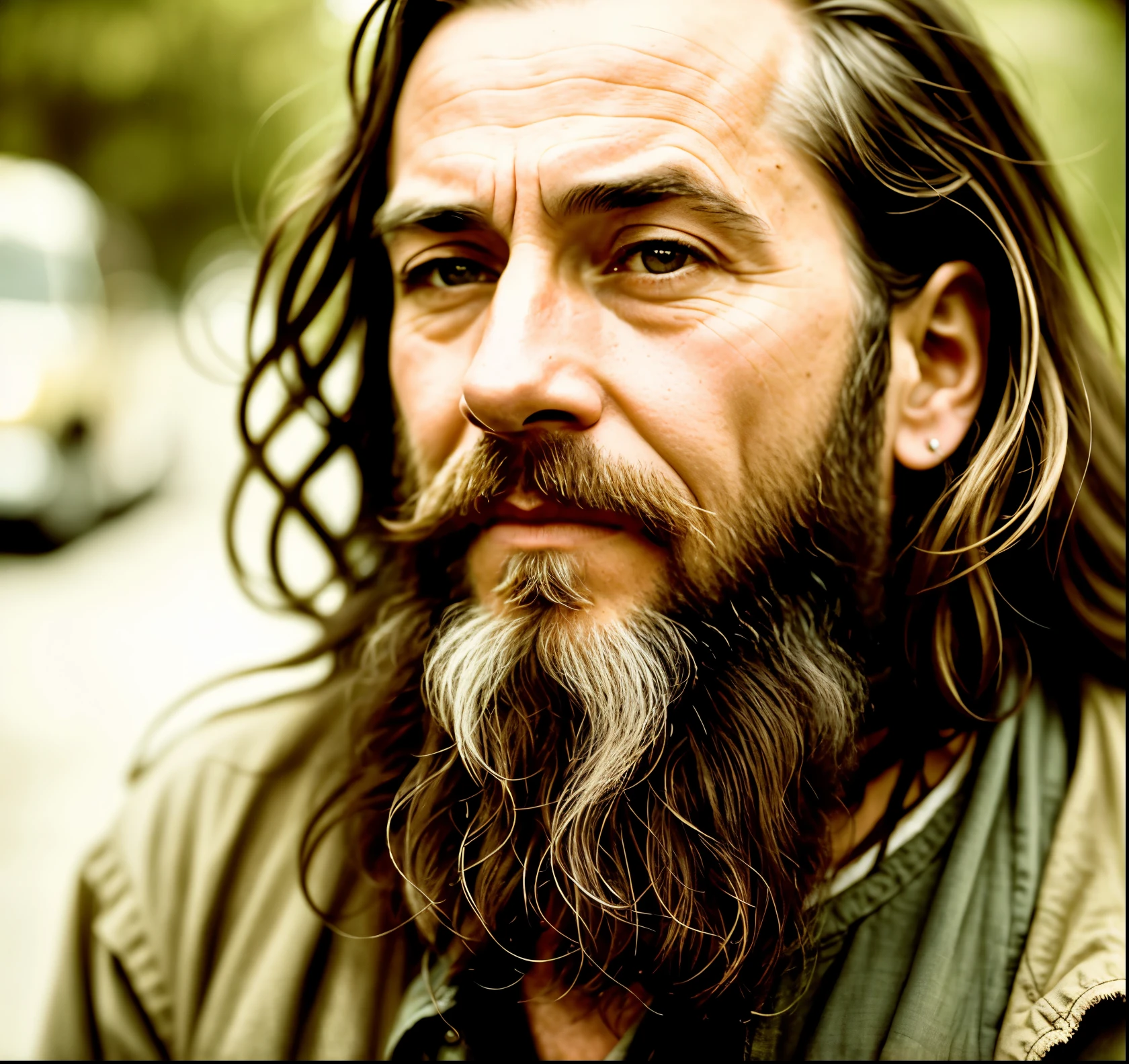 Ancient Man in his hundreds with a bushy beard and long flowing hair, casually seated on a worn-out sidewalk (around 30 years old), with a hint of weathered wisdom etched on his weather-beaten face. This captivating image, a testament to time and resilience, is masterfully crafted in exquisite detail, boasting ultra-high resolution, (realism: 1.6), and showcases an original scene that beautifully depicts the era's authenticity. The scene is farther enhanced by using film grain (1.3) techniques, adding a vintage charm to the photograph. The angle of the shot is slightly from above, offering a selfie-like