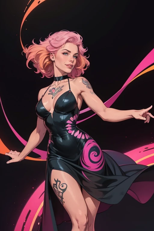 A woman with pink hair and tattoos stands in a flowy dress with colorful patterns. The background is a black expanse with swirling colors of pink, orange, purple, and blue.