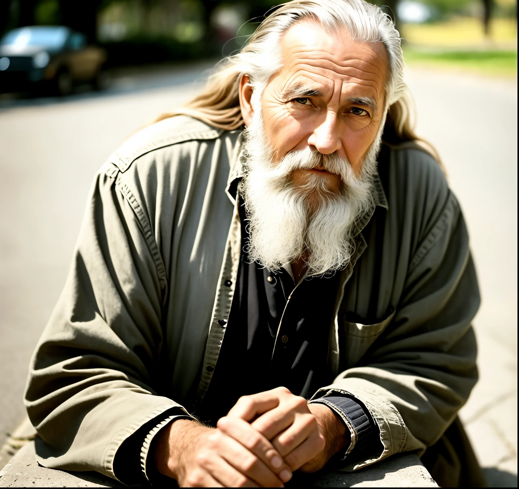 Ancient Man in his hundreds with a bushy beard and long flowing hair, casually seated on a worn-out sidewalk (around 30 years old), with a hint of weathered wisdom etched on his weather-beaten face. This captivating image, a testament to time and resilience, is masterfully crafted in exquisite detail, boasting ultra-high resolution, (realism: 1.6), and showcases an original scene that beautifully depicts the era's authenticity. The scene is farther enhanced by using film grain (1.3) techniques, adding a vintage charm to the photograph. The angle of the shot is slightly from above, offering a selfie-like