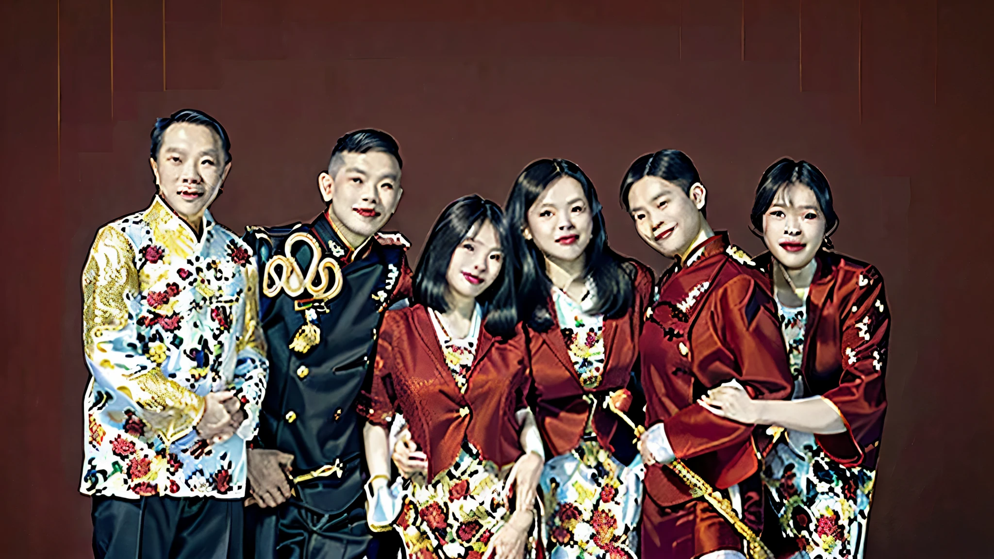 there are a group of people posing for a picture together, barong family, an indonesian family portrait, backdrop, barong family member, wearing red attire, inspired by Oka Yasutomo, family photo, family portrait, majestic masterpiece, photo shoot, wearing red formal attire, traditional art, potrait, profile pic, portrait n - 9, fanart, happy family