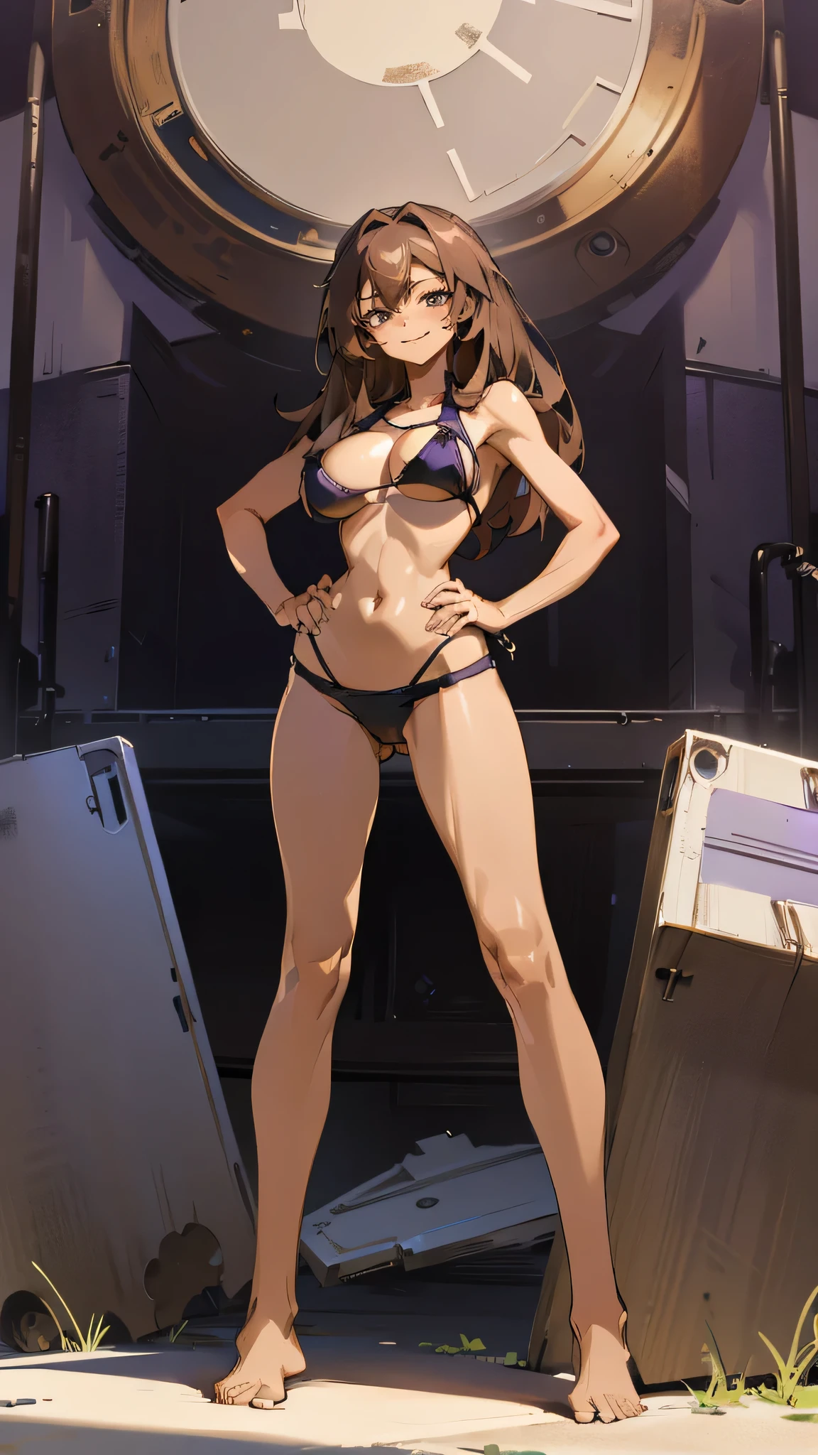 Masterpiece, best quality, Masterpiece, best quality, 1 woman, long brown hair , sly face , smile, purple bikini , abdomen, big breasts , Long legs , Barefoot , hands on hips , Full body , abandoned factory