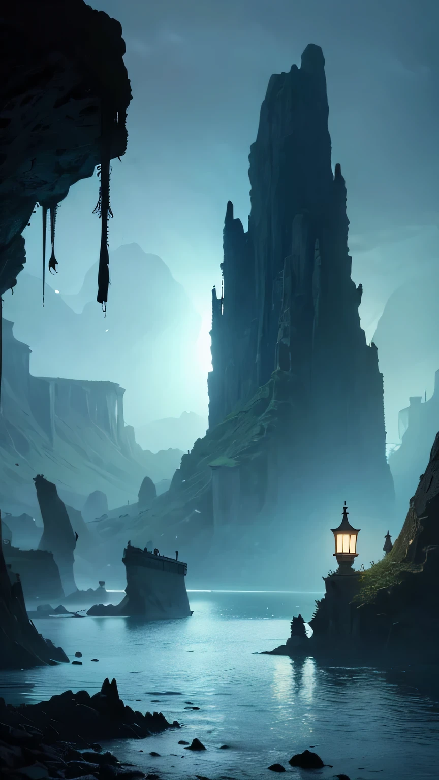A mystical and eerie underwater scene featuring a towering, ancient shipwreck embedded in a massive, overgrown rock formation. The shipwreck, with its tall masts and tattered sails, looms hauntingly over the scene, shrouded in a ghostly blue-green light. Surrounding the shipwreck are floating islands covered in dense foliage, with dimly lit lanterns scattered among them, casting a faint glow. The atmosphere is filled with an otherworldly, mysterious vibe, as if the shipwreck holds long-forgotten secrets. In the distance, smaller structures and more lanterns can be seen, contributing to the enigmatic and surreal ambiance.