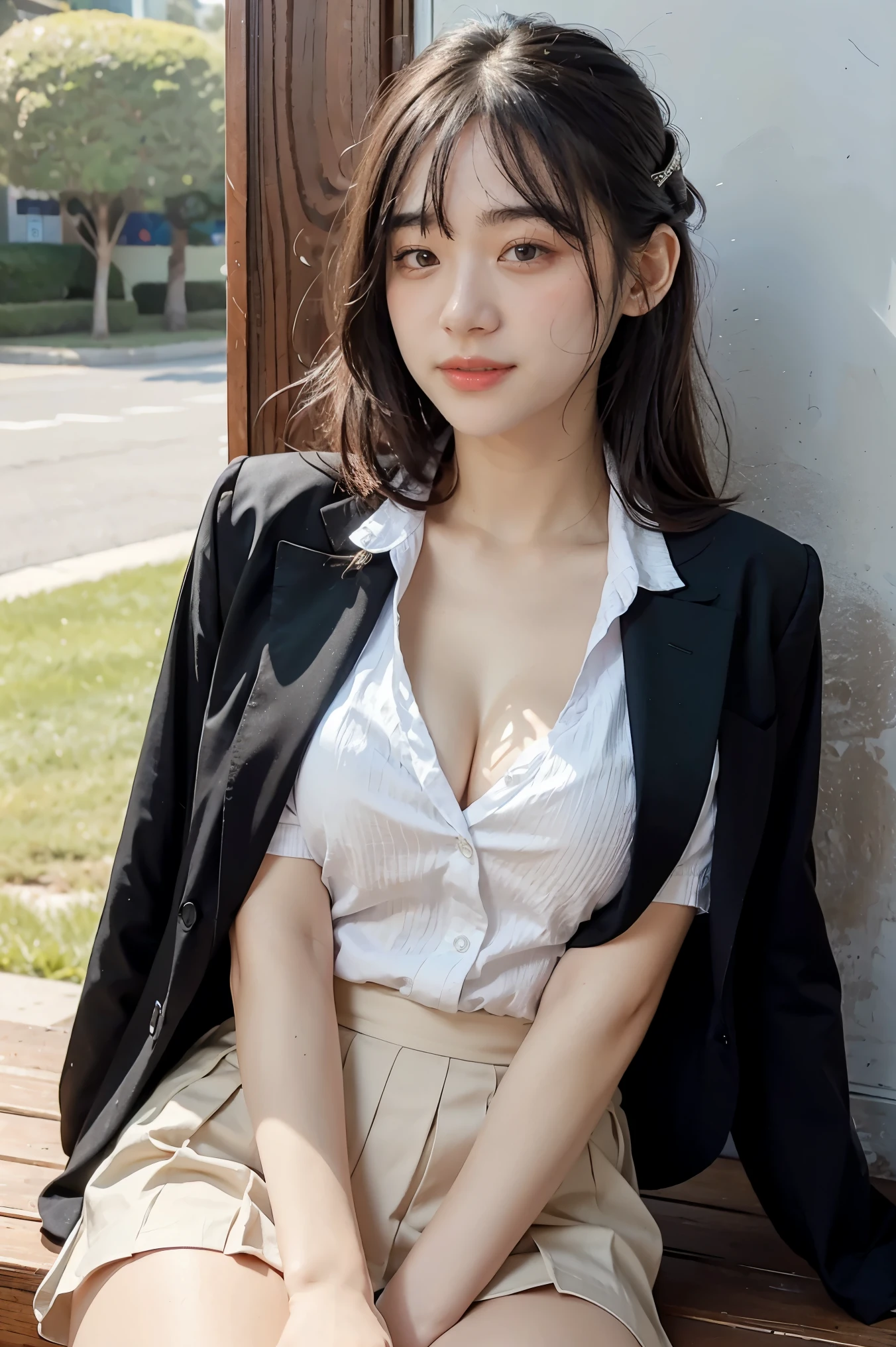 Top Quality, Masterpiece, 1 Girl, Beautiful Face, (Photorealistic Photos:1.3), Rim Lighting, (High Detail Skin:1.2), 8K UHD, DSLR, High Quality, High Definition, 4K, 8K, Bokeh, (Real: 1.3), Small Face, Cute One Girl, Black Formal Blazer, Middle Breast, Short Skirt,Office