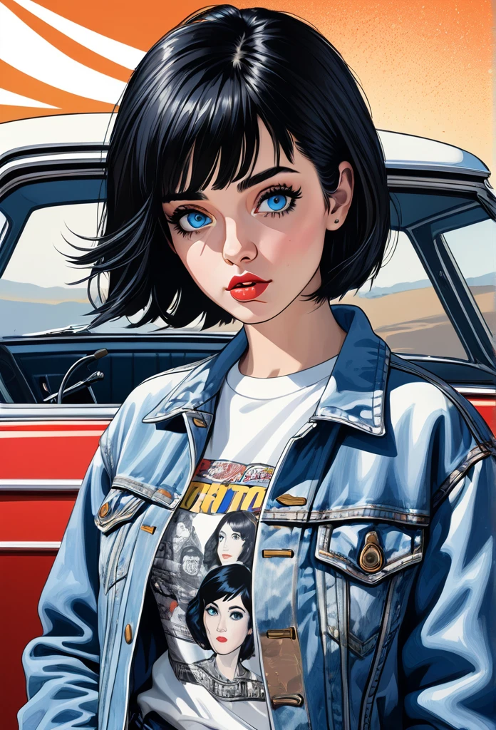 (best quality,4k,highres,masterpiece:1.2),ultra-detailed,(realistic,photorealistic,photo-realistic:1.37),portrait,young woman,short black hair,blue eyes,detailed eyes,long eyelashes,serious expression,denim jacket,white rock band print t-shirt,(holding a gun in her left hand),standing near a car,edgy pop art,hyper-detailed,enhanced details,high quality,realistic style.