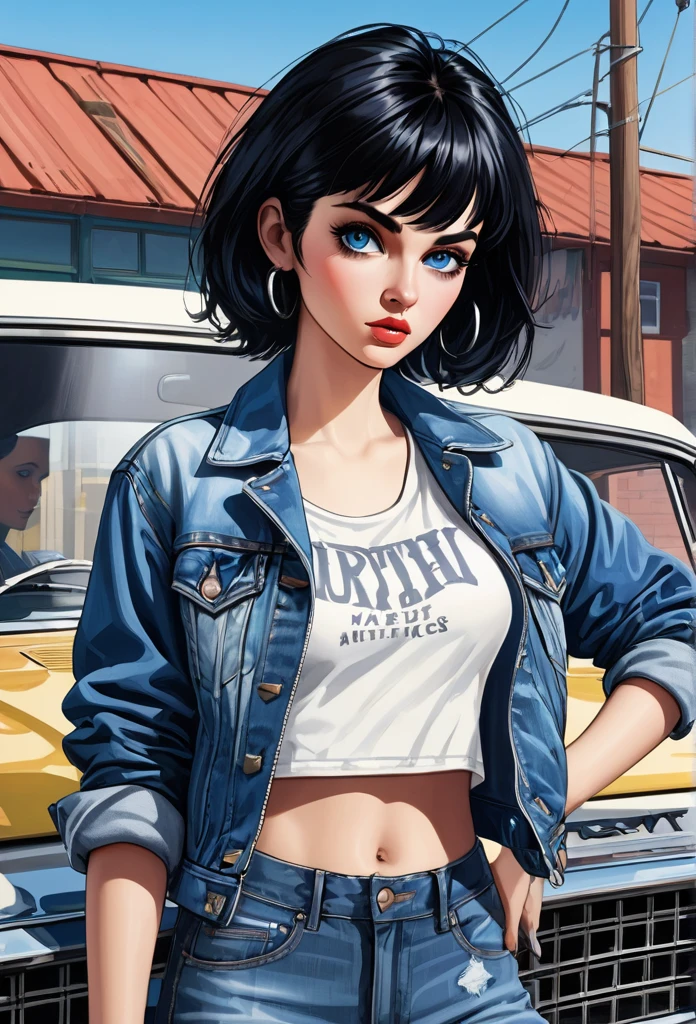 (best quality,4k,highres,masterpiece:1.2),ultra-detailed,(realistic,photorealistic,photo-realistic:1.37),portrait,young woman,short black hair,blue eyes,detailed eyes,long eyelashes,serious expression,denim jacket,white rock band print t-shirt,(holding a gun in her left hand),standing near a car,edgy pop art,hyper-detailed,enhanced details,high quality,realistic style.