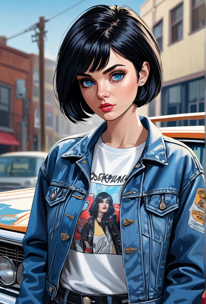 (best quality,4k,highres,masterpiece:1.2),ultra-detailed,(realistic,photorealistic,photo-realistic:1.37),portrait,young woman,short black hair,blue eyes,detailed eyes,long eyelashes,serious expression,denim jacket,white rock band print t-shirt,(holding a gun in her left hand),standing near a car,edgy pop art,hyper-detailed,enhanced details,high quality,realistic style.
