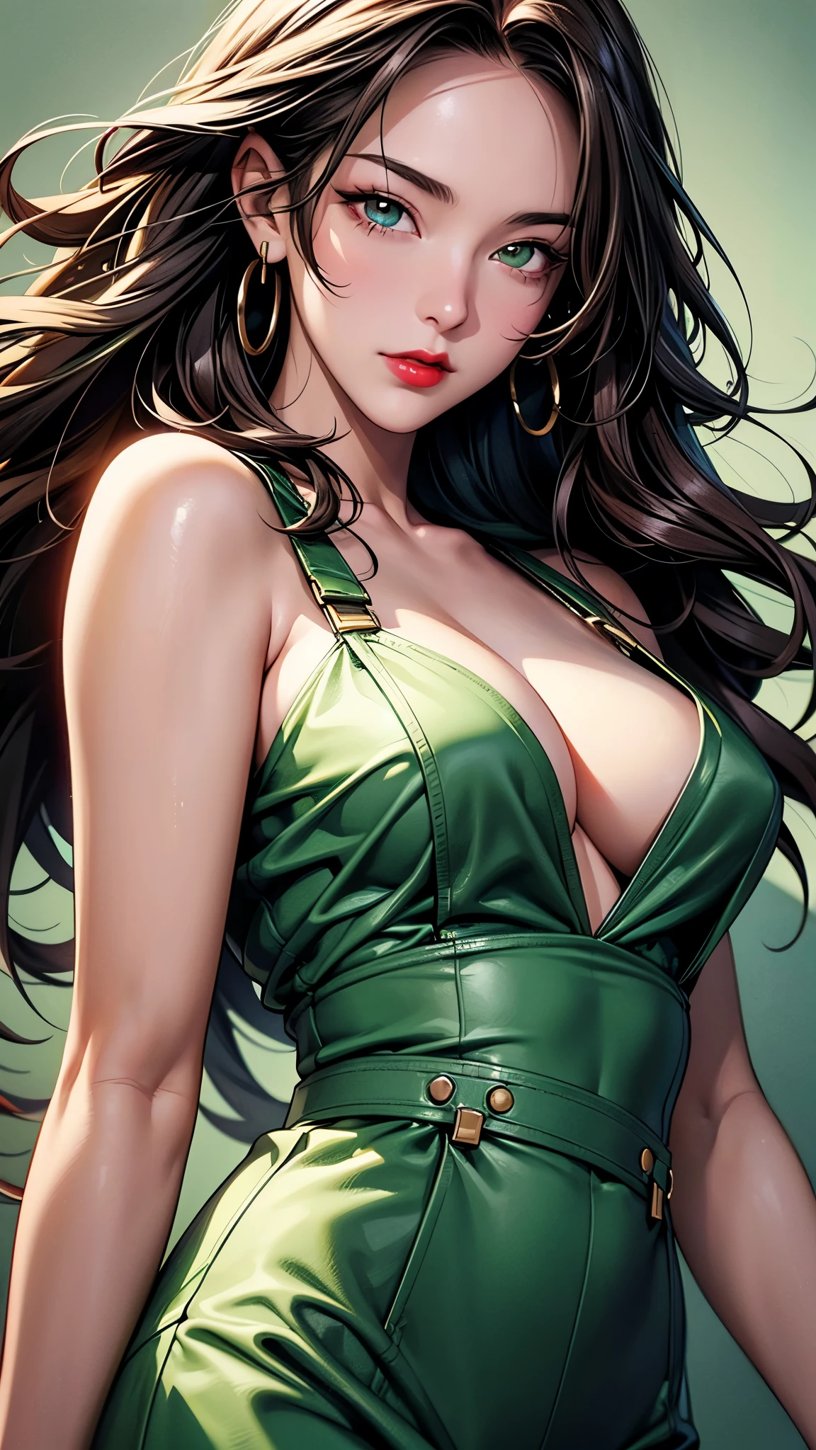 (Best quality at best,8K,A high resolution,tmasterpiece:1.2),Digital artwork, one girl，detailed face，detailed eyes，dark brown hair，long straight hair，glowing green eyes，red lip，Suspenders