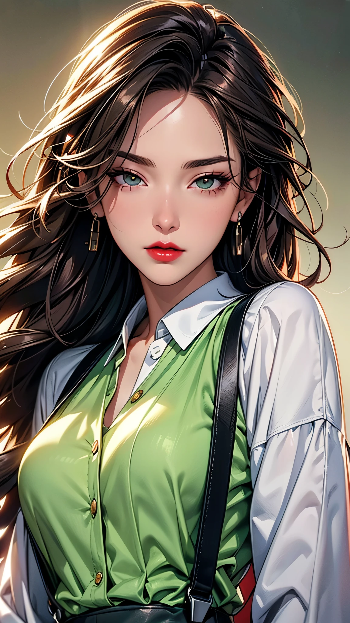 (Best quality at best,8K,A high resolution,tmasterpiece:1.2),Digital artwork, one girl,detailed face,detailed eyes,dark brown hair,long straight hair,glowing green eyes,red lip,Suspenders