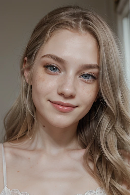 Woman, Russian, 19 years, pale skin and freckles, grey eyes, gentle nose, soft and tender lips, long wavy gray blond hair, nice smile
