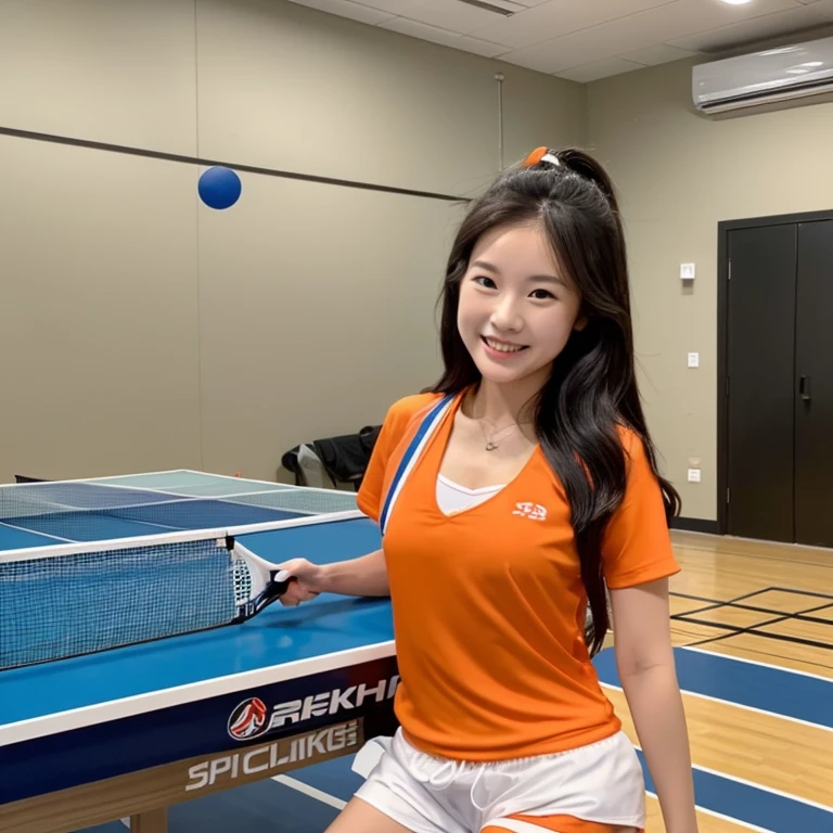 Create an image of a beautiful woman with a sexy figure, wearing a sports outfit, showing a little of her breasts. ,Orange Shirt, The chest has black letters. " udon " (Wear the right colored shorts.), (The right hand holds a ping pong racket.), bright smiling face