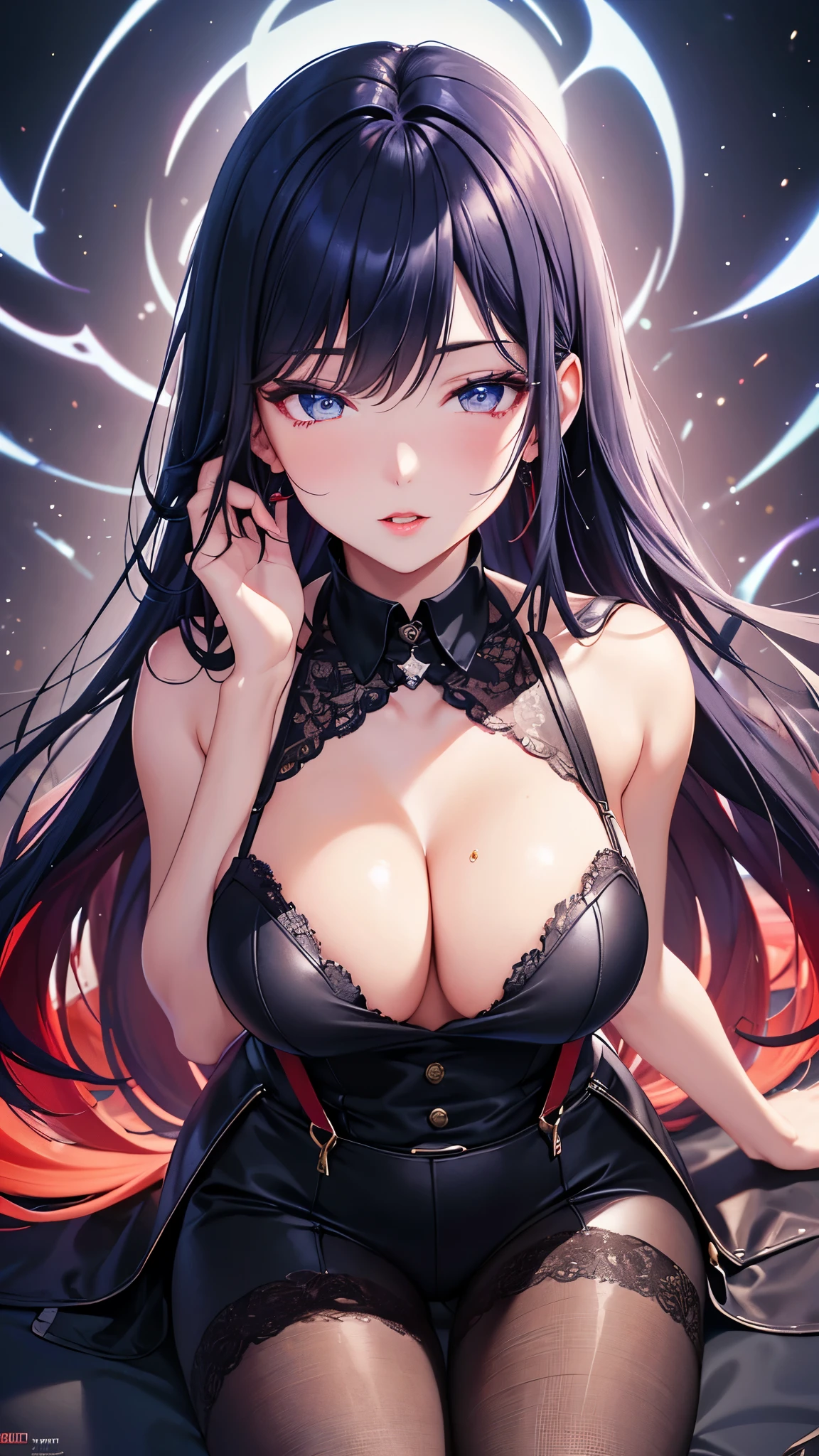 (Best quality at best,8K,A high resolution,tmasterpiece:1.2),Digital artwork, one girl,detailed face,detailed eyes,dark blue hair,long straight hair,glowing amber eyes,red lip,Suspenders