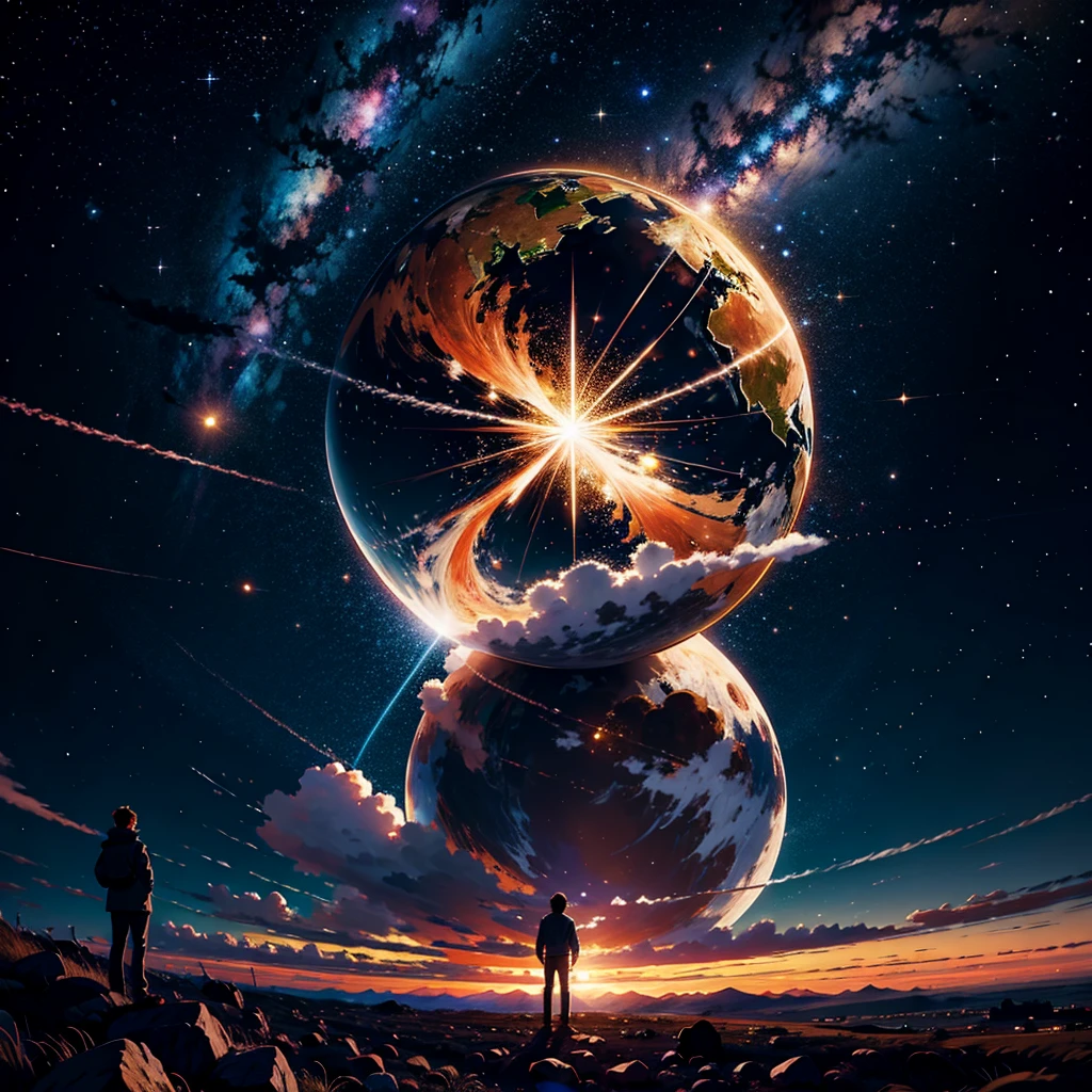 1menino, solo, standingn, outer space, estrela gigante, estrela brilhante, dim sky, roupas de nobre, roupa branca, roupa dourada, roupa preta, yggdrasil tree, giant tree, estrelas menores, (8k super detalhado), (obra-prima), ((obra-prima)), ((cinematic quality)).