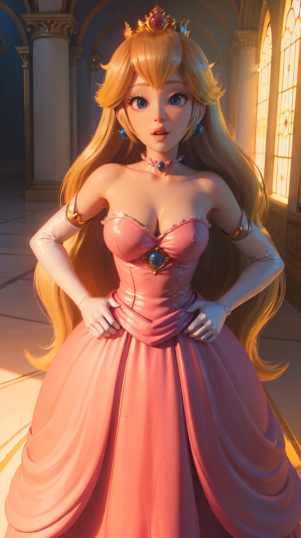 Princess Peach \(Mario Bros\), (Ela tem grandes olhos azuis brilhantes), (pele clara), (pele realista), (Glossy and pink lips), (((longos cabelos loiros lisos))), (Dark shadows compose), ((Seios muito enormes, Rosa )), (coxas grossas), (Corpo fino perfeito), ((completely naked, mamas expostas, exposto)), (coroa), ((Posing sexy in peach princess castle)), (master part, High definition, Volumetric lights and dynamic shadowaster part)), (8k), (rosto perfeito), (Ultra Detalhes) (perfect hands, olho, e rosto), ((sorriso sexy)),