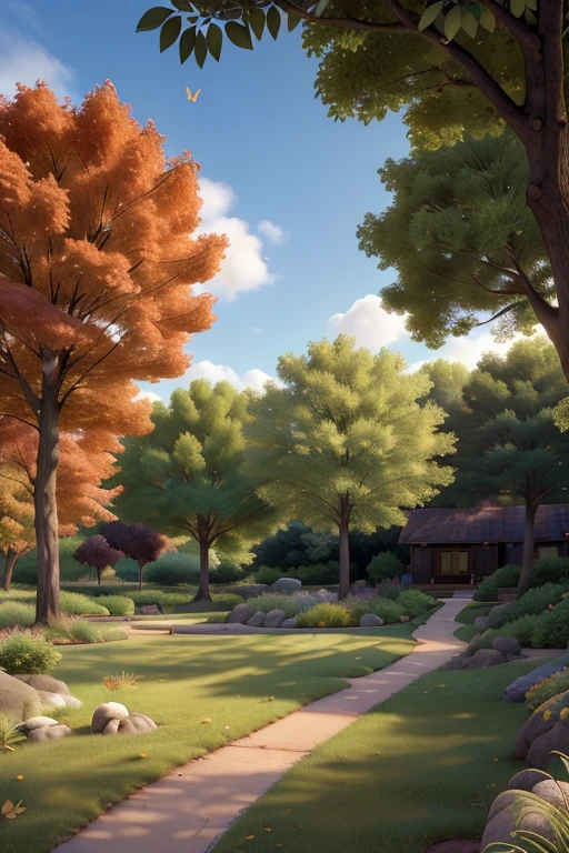 landscape depicting a serene, sun-drenched park on a clear, cloudless day. The scene should emanate tranquility and peace, with the sunlight casting a warm, golden glow over the surroundings. Incorporate lush greenery, such as trees and grass, that glistens in the sunlight, evoking a sense of freshness and vitality. Despite the absence of people, infuse the park with a subtle sense of life and movement, perhaps through gently swaying branches or fluttering leaves. Enhance the atmosphere with soft shadows and reflections to create a captivating and immersive environment."