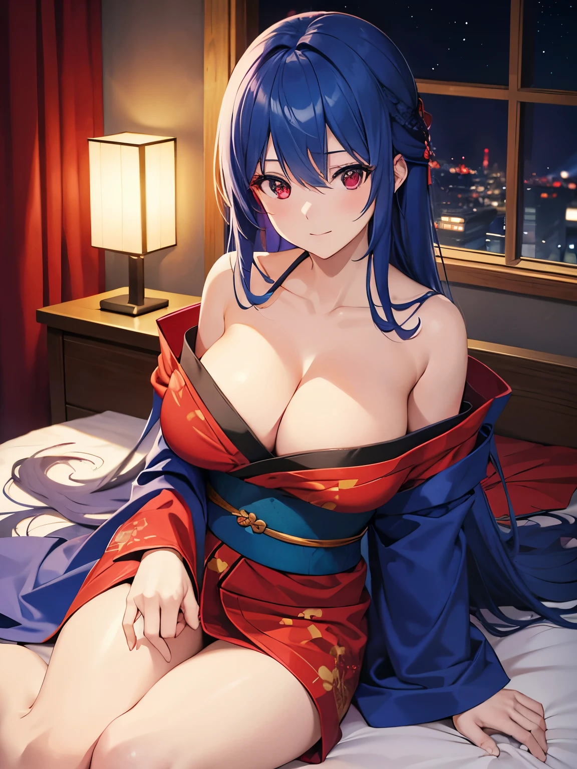 1woman,super beautiful, adult,30 years old,Long hair,straight hair, bright blue hair, red eyes, red kimono, short kimono, big breasts, visible cleavage, Sitting on the bed, looking away,at night,looking away,slight smile,Facing right