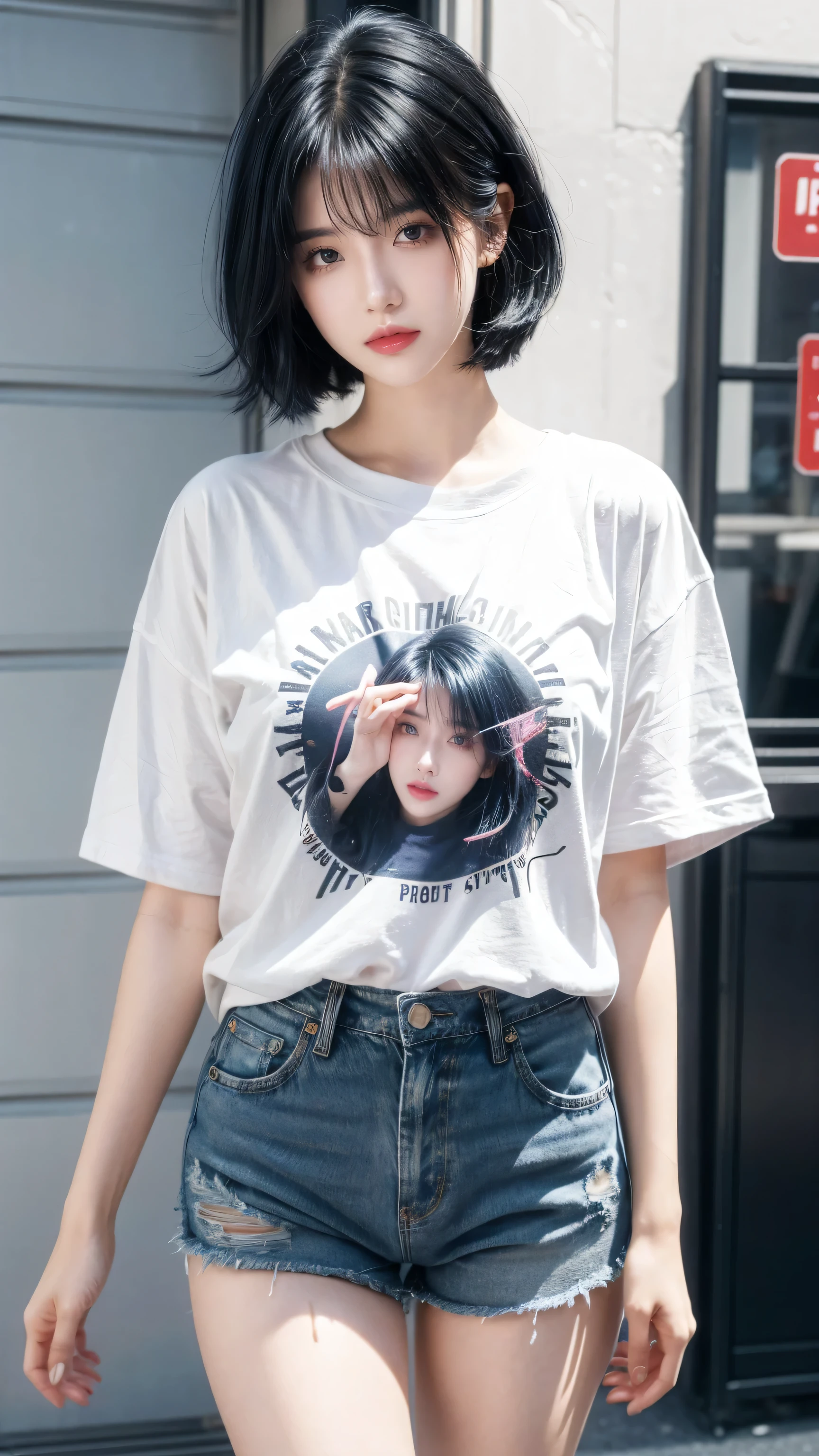 best quality, 1 Girl, dark blue hair, black eyes, Very short hair, Spiky hair, oversize t-shirt pinky, High waist short jeans, 171 cm, Messy hair, Hair between the eyes, Medium breasts, full, Tomboy, aldult, 20 years old, 1 Girl
